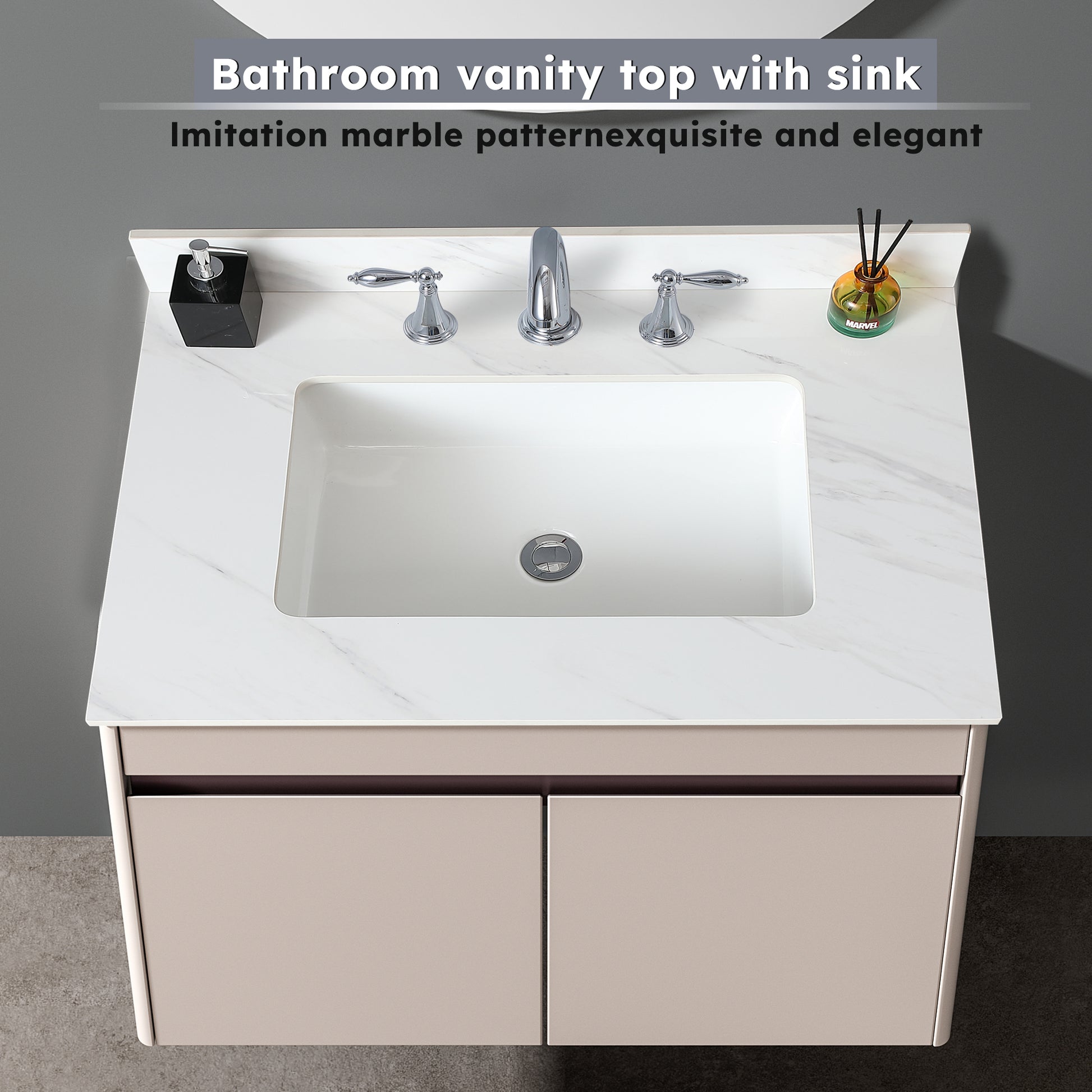 31 Inch Marble Vanity Top, White Vanity Top With Pre Drilled Faucet Holes, Bathroom Vanity Top With Undermount Rectangular Middle Sink And 4" Height Backsplash, Bianco Carrara Venato White Bathroom Sintered Stone