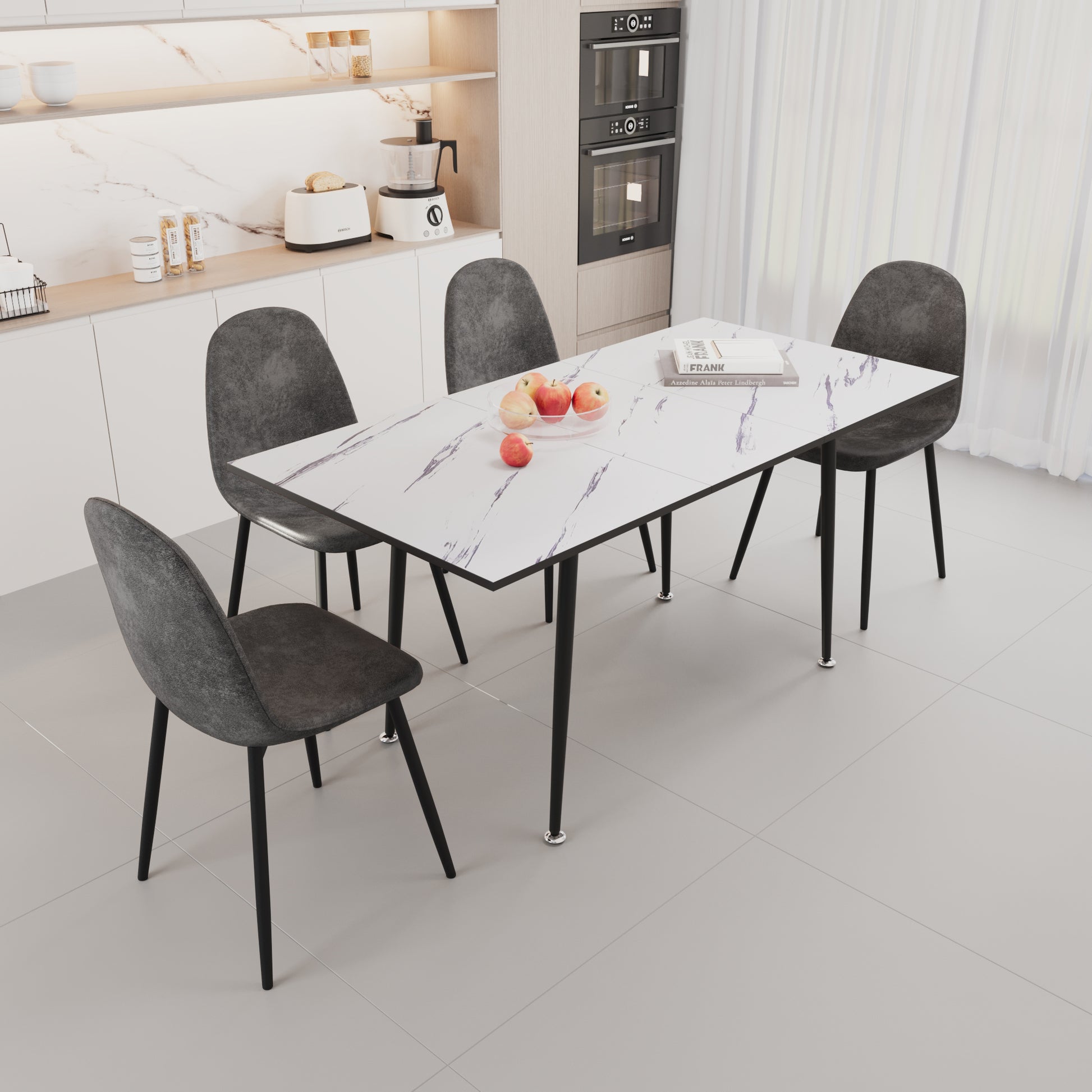 47" 63" Extendable Mdf Modern Dining Table And Chair Set, Suitable For 2 6 People, White Dining Table And Modern Grey Round Dining Chair 4 Piece Set, Metal Base And Suede Chair Grey White Mdf