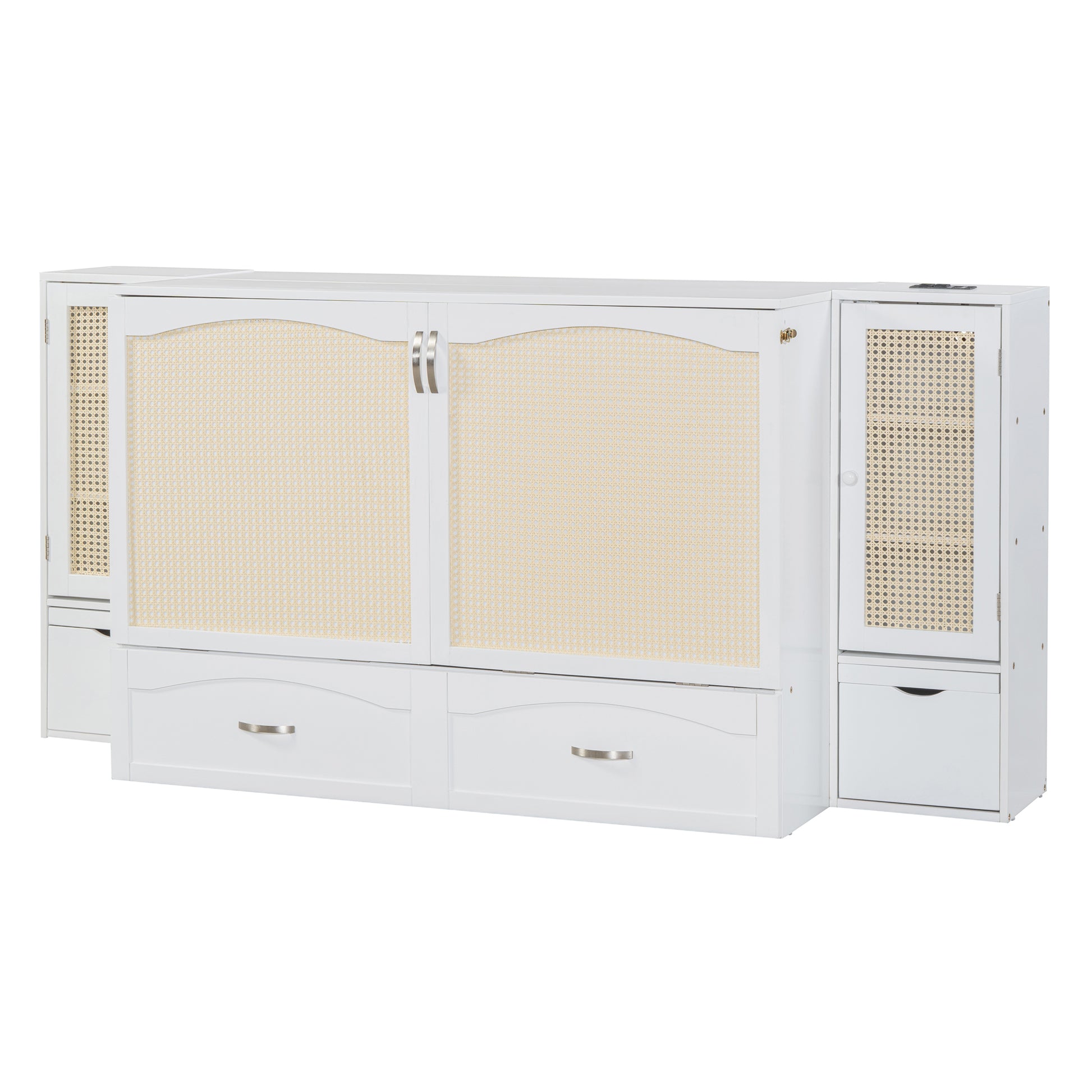 Queen Size Murphy Bed Wall Bed With Drawer And Rattan Decoration With 2 Storage Cabinets, One Set Of Sockets & Usb Ports, Pulley Structure Design, White Queen White Plywood