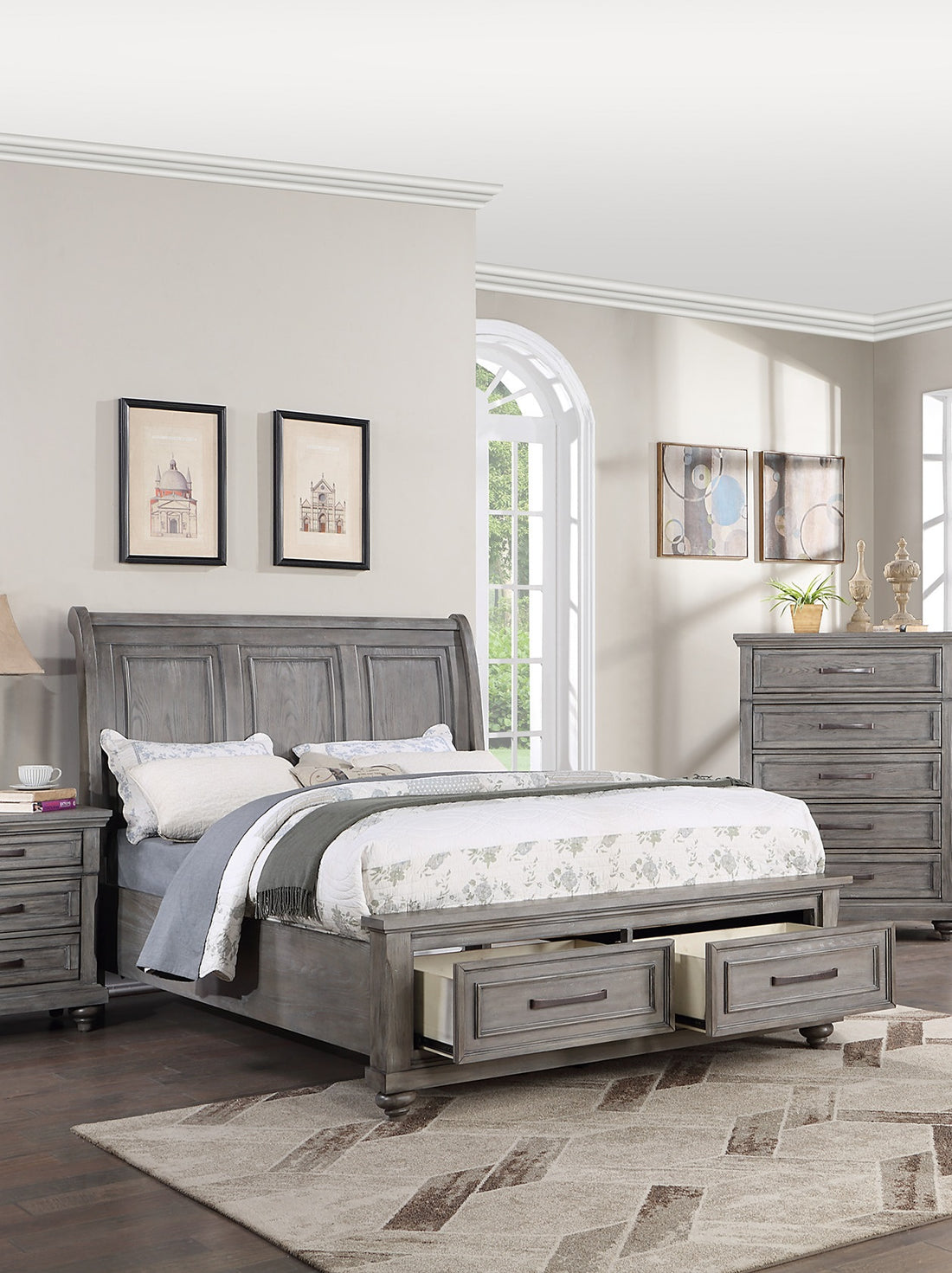 Eastern King Size Bed W Under Bed Drawer Vintage Look Gray Color Beautiful Panel 1Pc Bedframe Bedroom Box Spring Required King Antique Gray,Gray Wood Bedroom Contemporary,Modern,Transitional Storage
