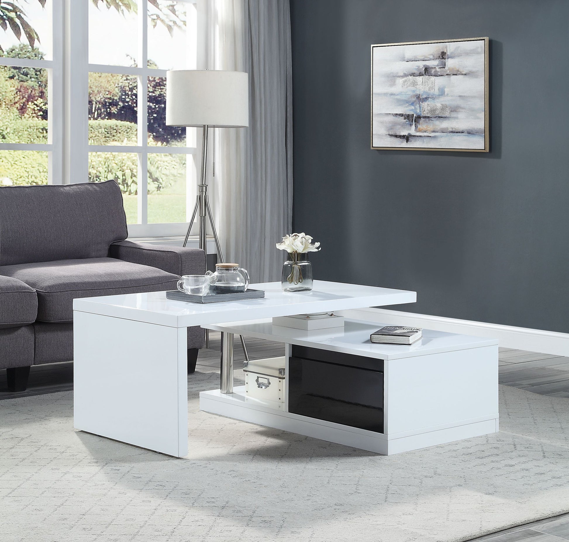 White And Black High Gloss Coffee Table With Swivel Top White Black Primary Living Space Contemporary Drawers Rectangular Wood Metal