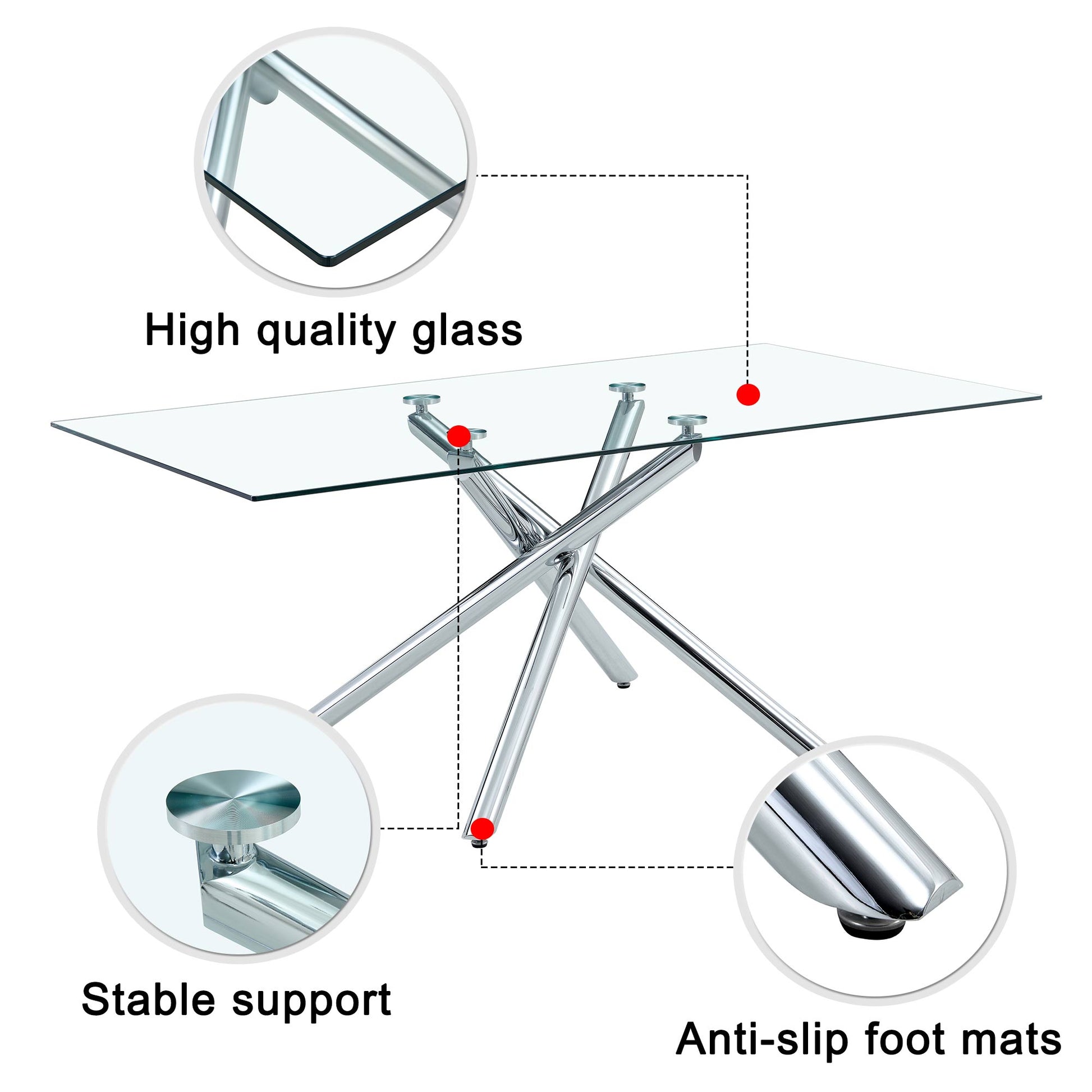 Table And Chair Set.Modern Luxurious Transparent Tempered Glass Dining Table Set.Paried With 8 Chairs With Pu Cushion And Silver C Tube Metal Legs. Transparent,White Seats 8 Glass Metal