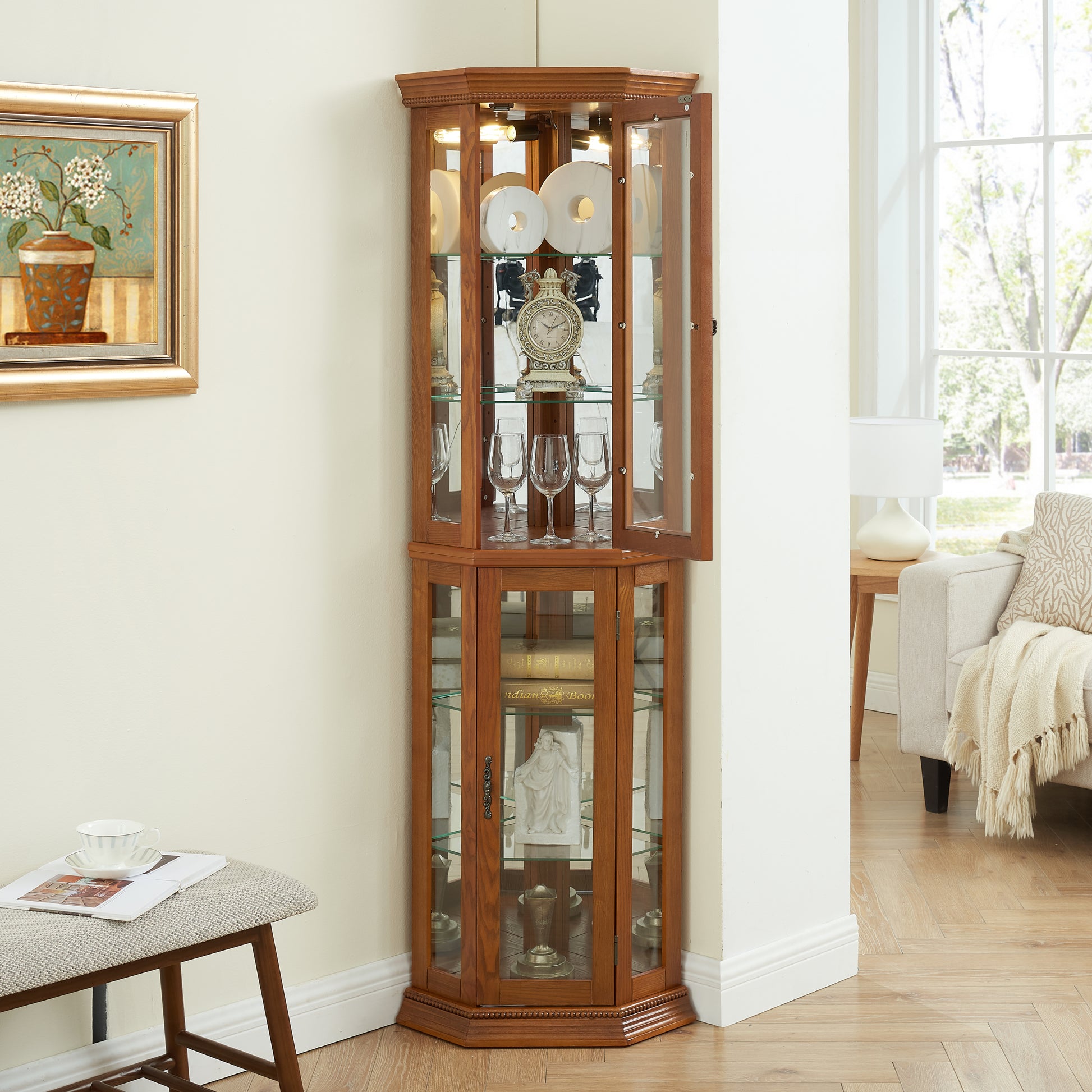 Corner Curio Cabinet Lighted Corner Display, Glass Display Shelf Shelving Bar Cabinet With Tempered Glass Door, Bar Cabinet,Cabinet With Adjustable Shelf Glass Cabinet Shelves Bead Bulb Included Oak Oak Mdf Glass