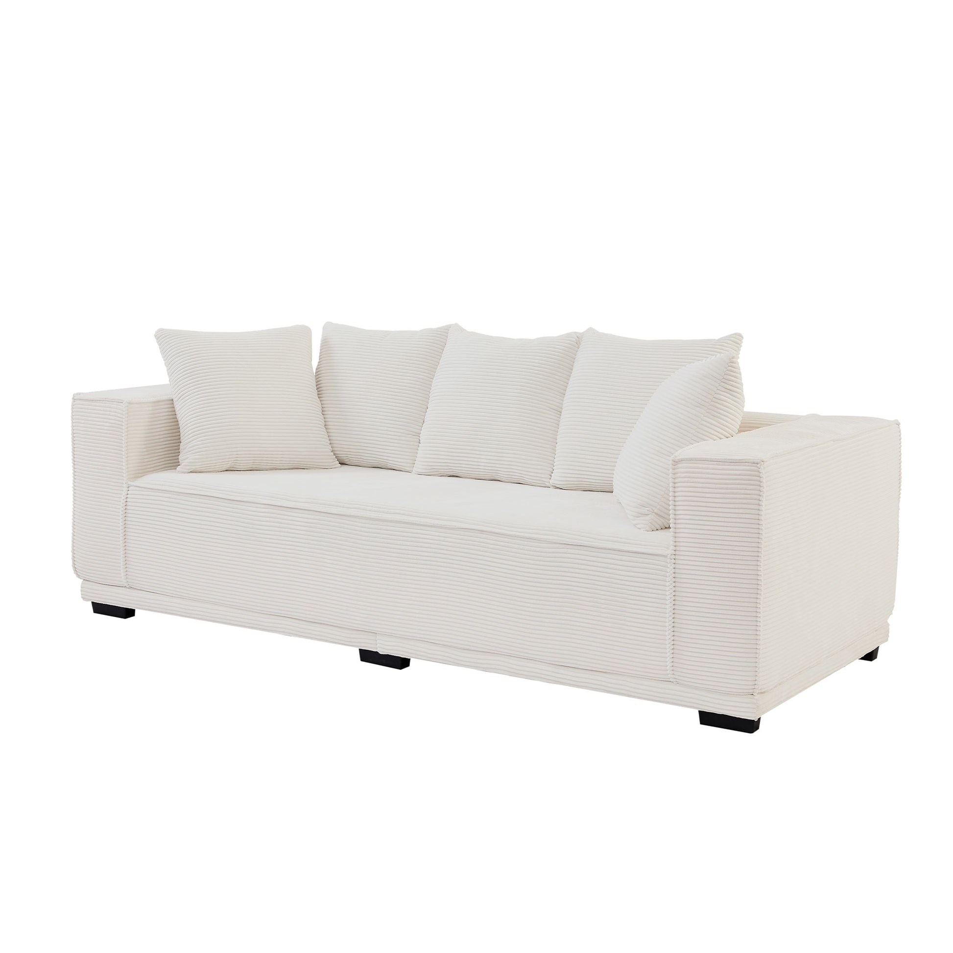 88.97'' Mid Century Modern Upholstered Sofa With 5 Matching Toss Pillows, Including Bottom Frame,Comfy Couches For Living Room, Bedroom, Apartment And Office.White White Corduroy 3 Seat