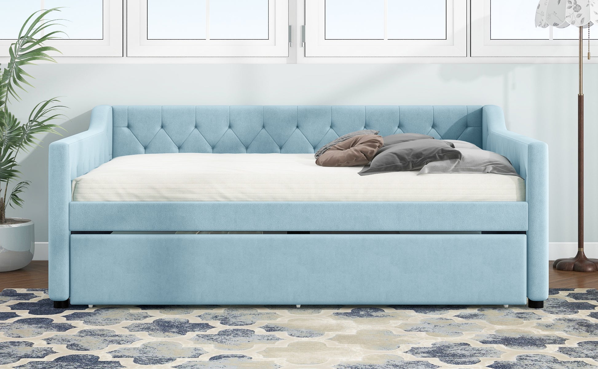 Full Size Upholstered Tufted Daybed With Twin Size Trundle, Blue Box Spring Not Required Full Blue Wood Daybeds Velvet Upholstered