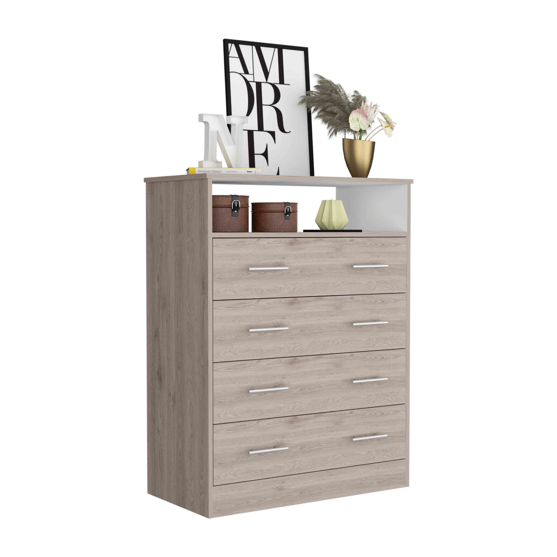 Four Drawer Dresser, Superior Top, One Open Shelf, Light Gray White Multicolor Solid Wood Mdf Engineered Wood