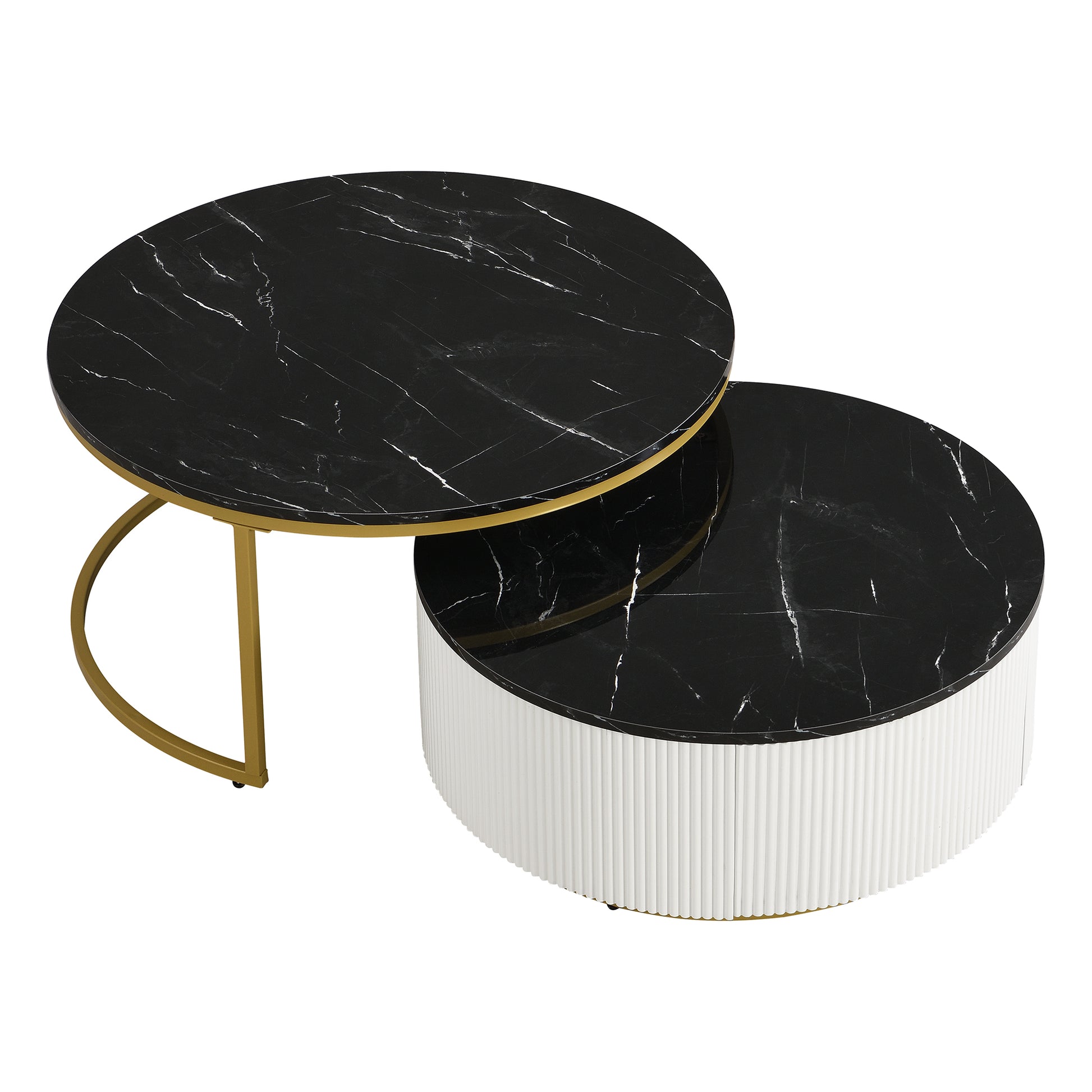 Modern Round Nesting Coffee Table Fluted With Drawer In Black & Gold In 31.5'' Golden Black Drawers Coffee & End Tables Glossy Round Metal Mdf Pedestal