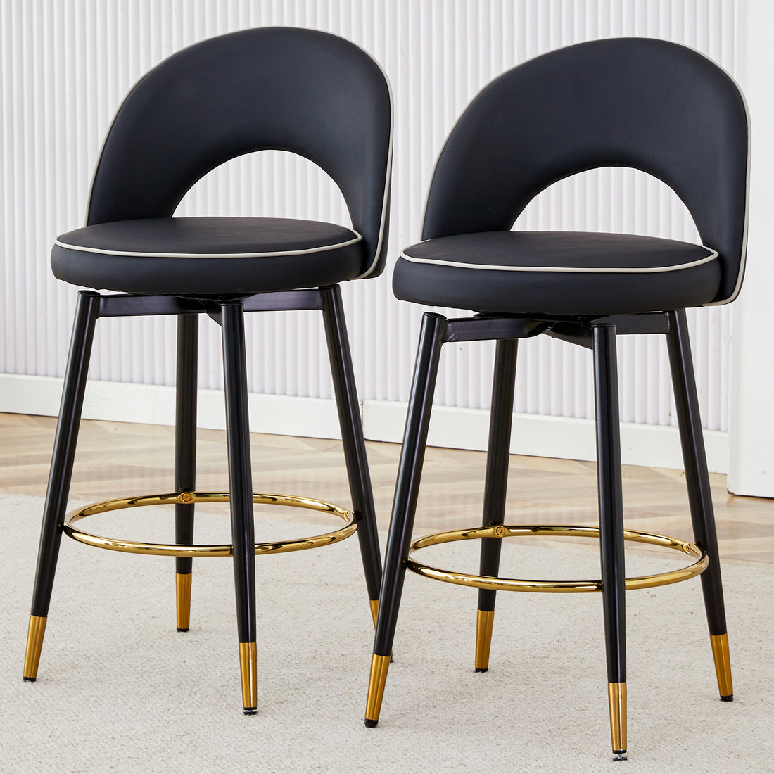 360 Rotatable Bar Chair.Modern Pu Comfortable Upholstered Bar Chair With Smooth And Beautiful Metal Legs For Dining Room, Kitchen, Terrace And Guest Office Chair . Black Bar Stools Set Of 2 Pu