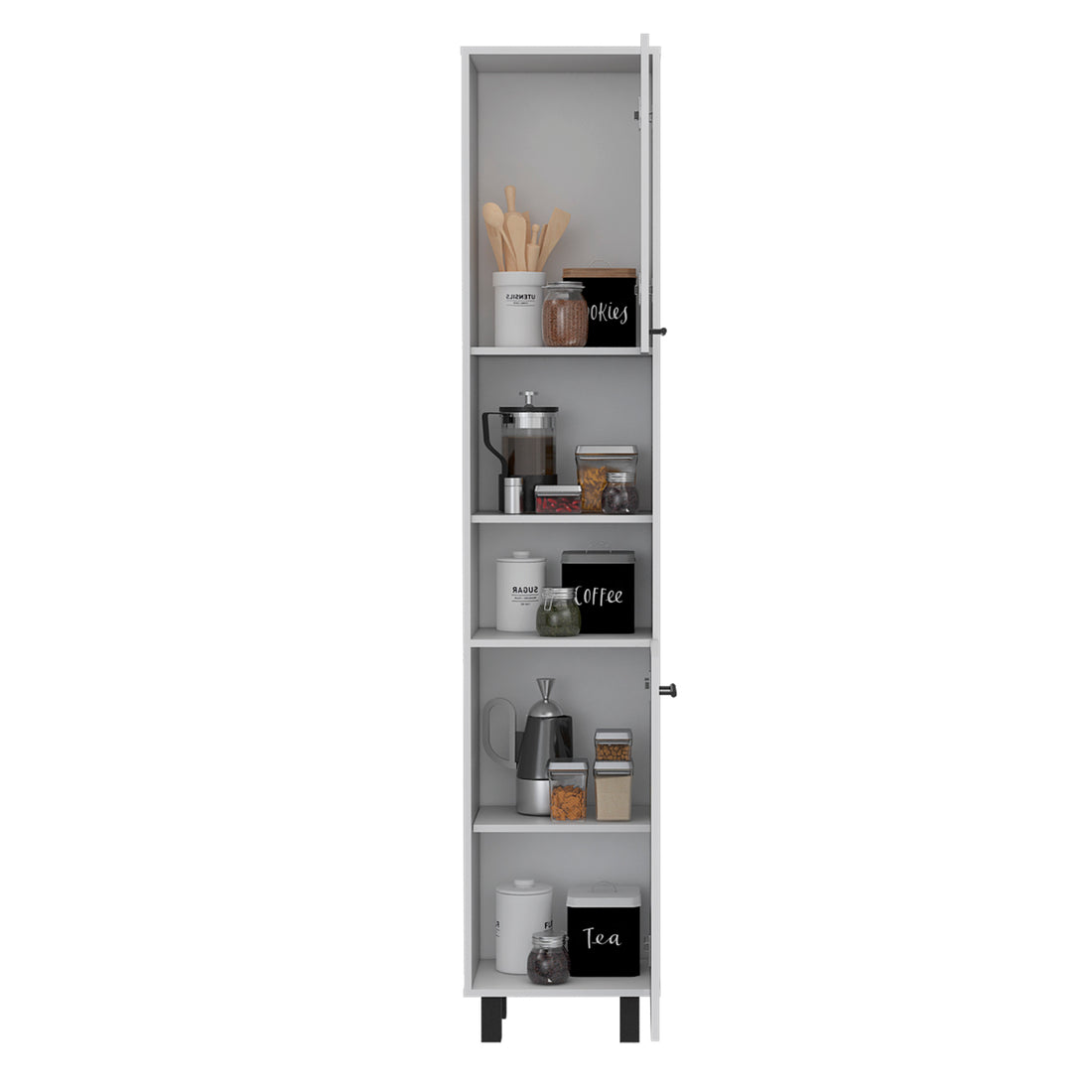 Hobart Pantry, Four Legs, Three Interior Shelves, Two Shelves, Two Cabinets White Freestanding 3 4 Shelves White Kitchen Shelves Included Modern Particle Board Particle Board