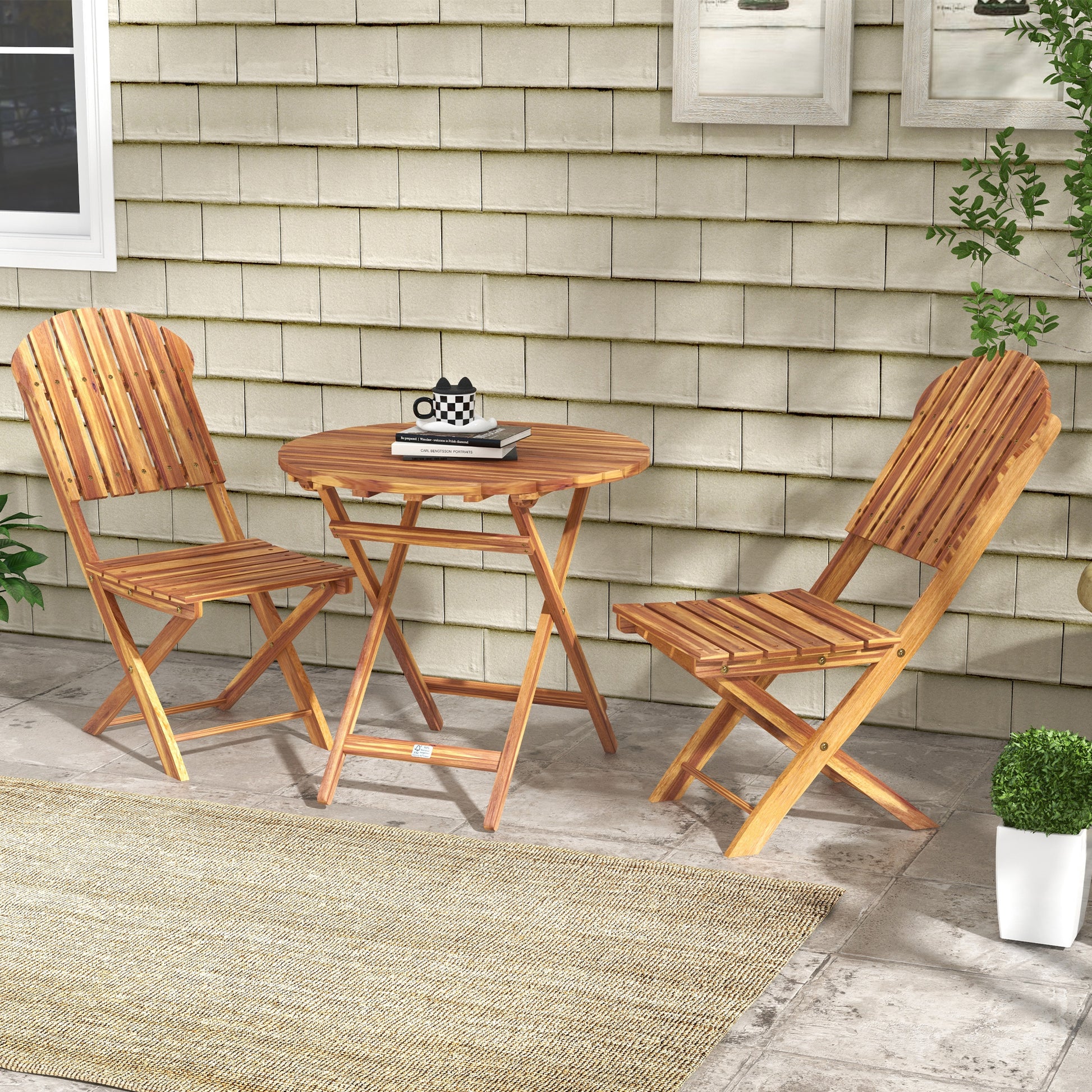 Outsunny 3 Piece Acacia Wood Bistro Set, Foldable Bistro Table And Chairs, Outdoor Bistro Set For Garden, Backyard, Balcony, Deck, Porch, Natural Wood Finish Natural Acacia Wood