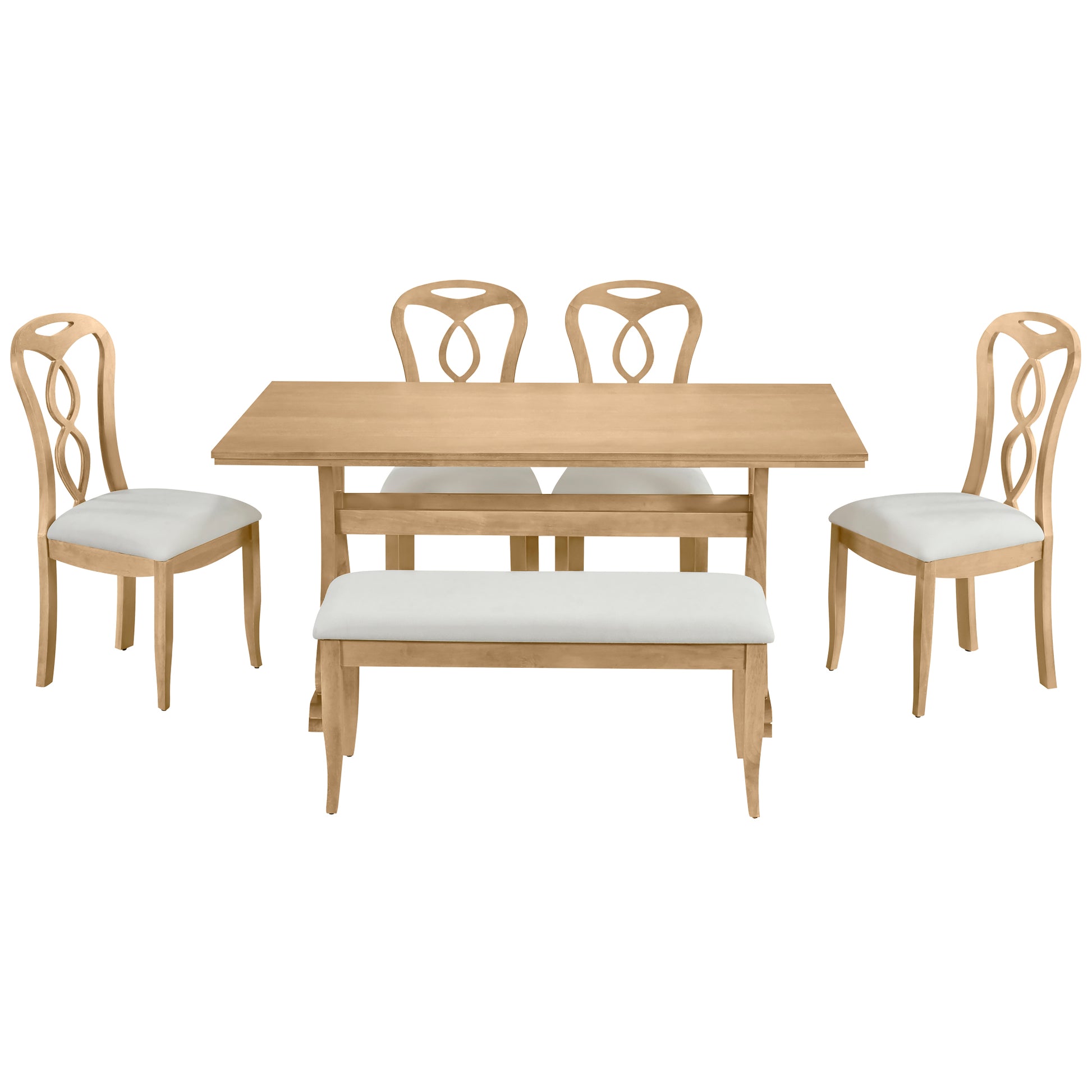 Retro 6 Piece Trestle Dining Table Set With Upholstered Dining Chairs And Dining Bench, Smooth Dining Backs For Dining Room, Living Room, Kitchen, Natural Upholstered Chair Wood Natural Beige Seats 6 Wood Dining Room Solid Wood Rubberwood Trestle