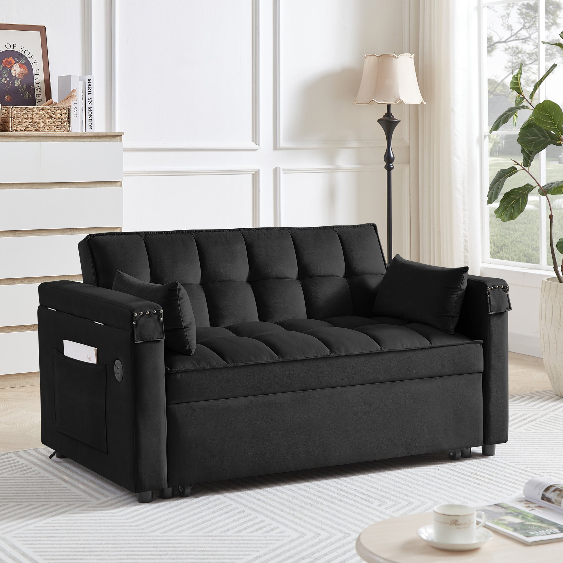 Convertible Sofa Bed, 3 In 1 Multi Functional Velvet Sleeper Couch Pull Out Bed, 48'' Loveseat Chaise Lounge With Adjustable Backrest And Pillows, Hidden Side Table For Living Room, Small Space, Black Black Velvet 2 Seat