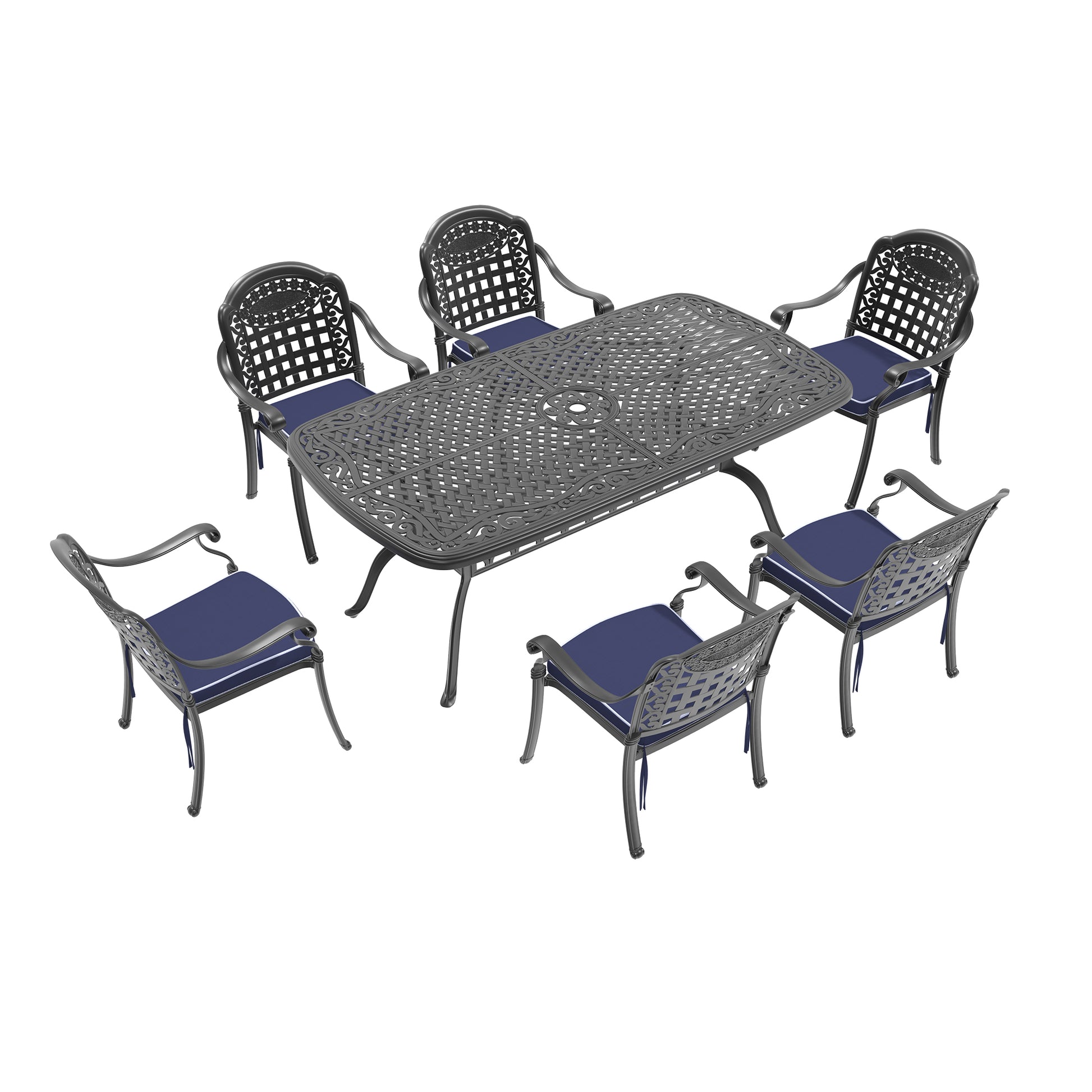 Cushions In Random Colors 7 Piece Set Of Cast Aluminum Patio Furniture With Cushions Yes Black Seats 6 Rust Resistant Frame Water Resistant Cushion Garden & Outdoor Aluminium