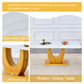 Modern Simple Luxury White Imitation Marble Decorative Glass Dining Table, Golden Legs, Rectangular Desk. A Computer Desk. Games Table, Dining Room, Living Room, Terrace, Kitchen. Gold White Mdf