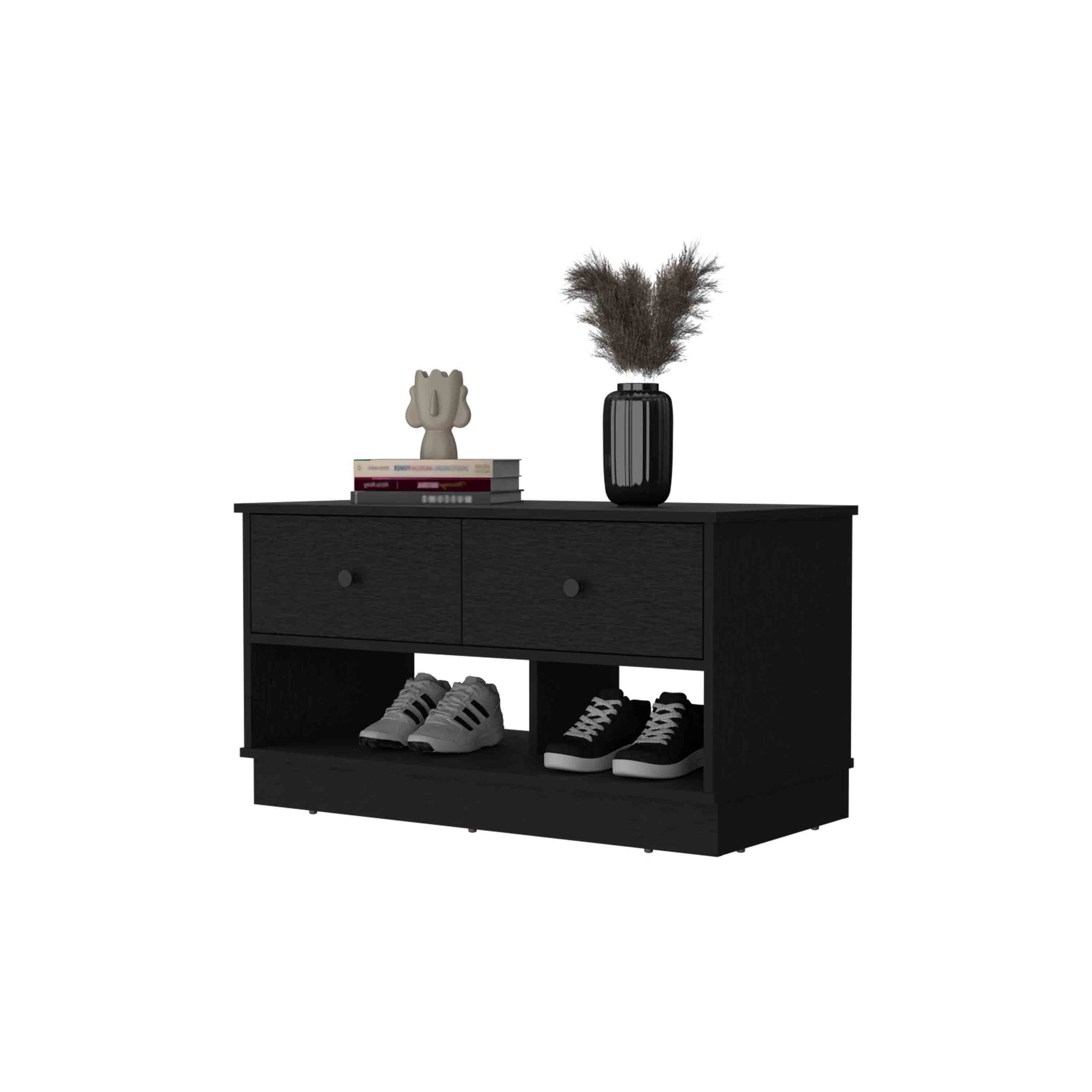 Tulip Storage Bench, Two Drawers, Two Shelves Black Mdf Engineered Wood