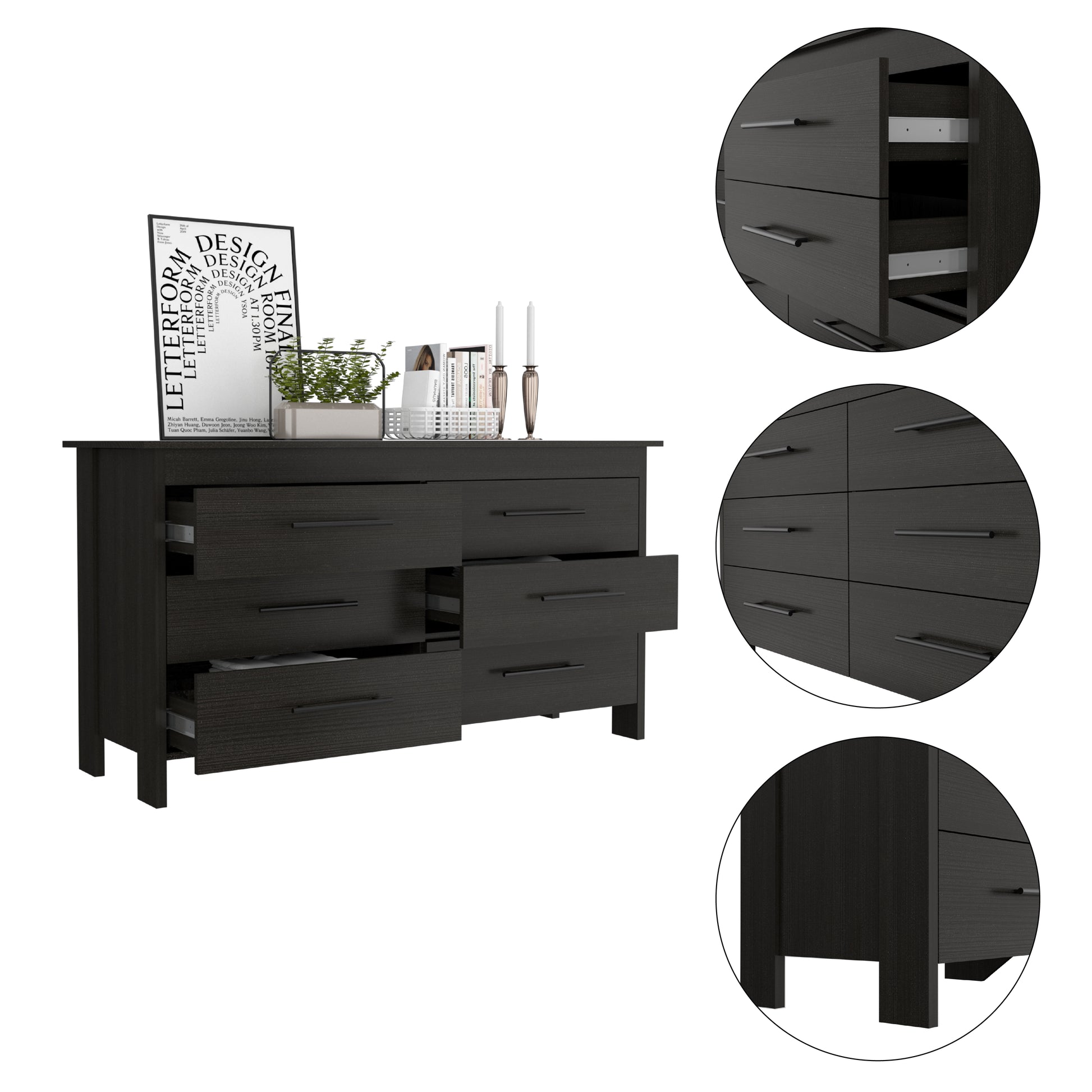 Double Dresser, Four Legs, 6 Drawer, Superior Top, Black Black Solid Wood Mdf Engineered Wood