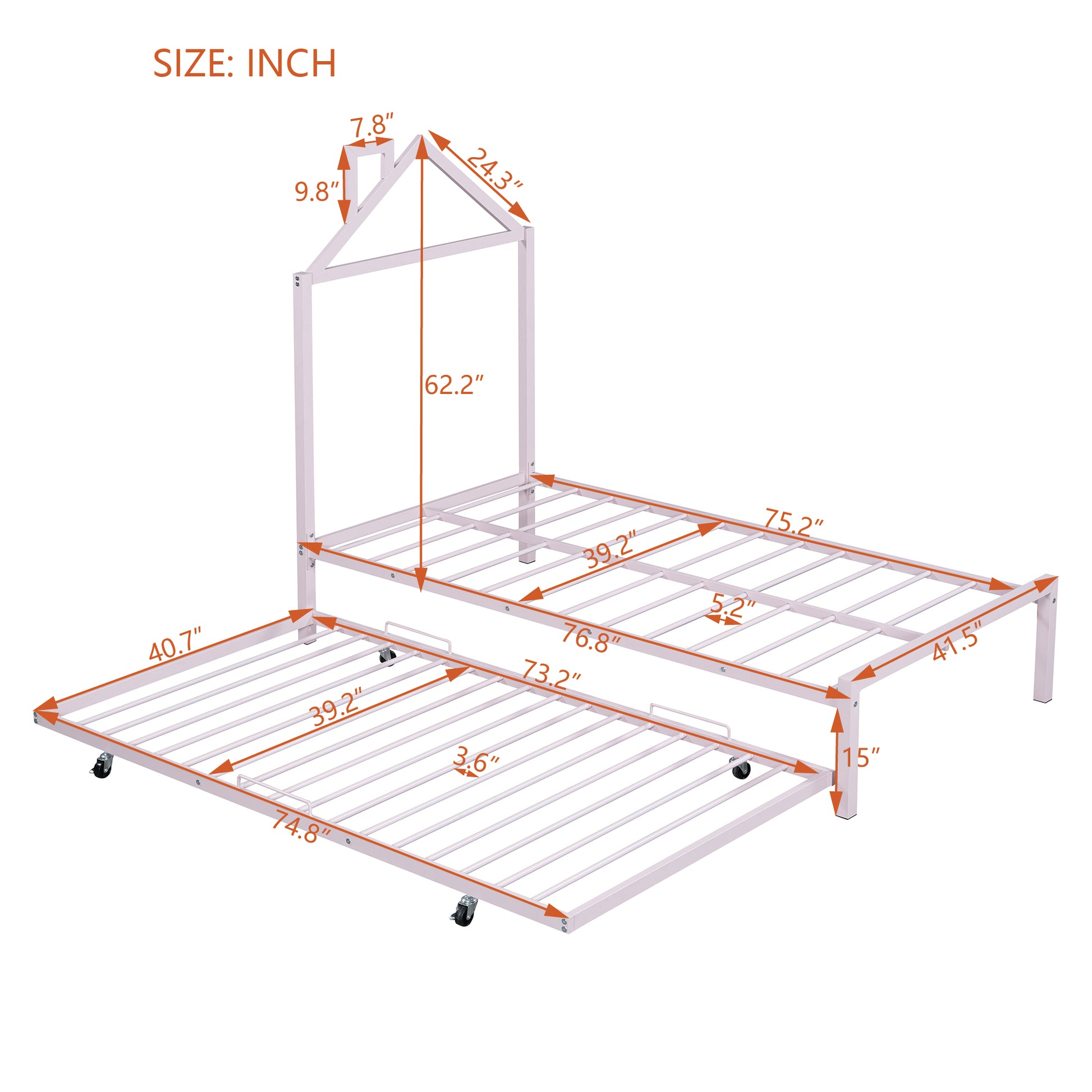 Twin Size Metal Platform Bed With Twin Size Trundle,House Shaped Headboard Design, Pink Twin Pink Metal