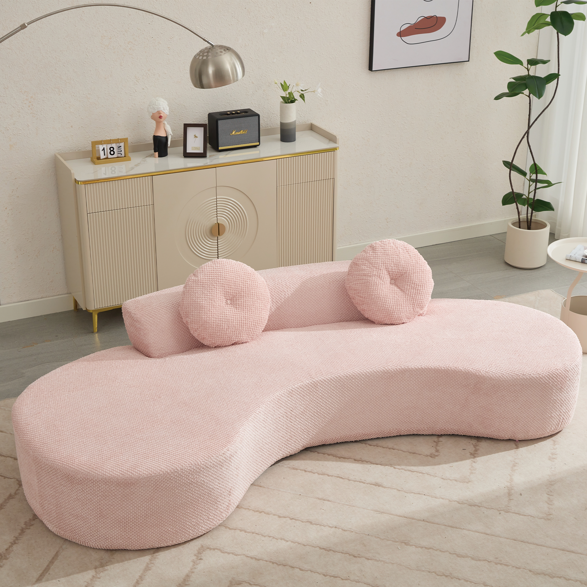 Arrived 105.5''Curved Sofa, Modern Minimalist Sofa, Cloud Couch Sofa 3 4 Seater Couch With 2 Pillows,Bedroom, No Assembly Required, Point Shaped Corduroy, Anti Wrinkle ,Pink Pink Polyester Primary Living Space Tight Back Soft Modern Foam Upholstered 3
