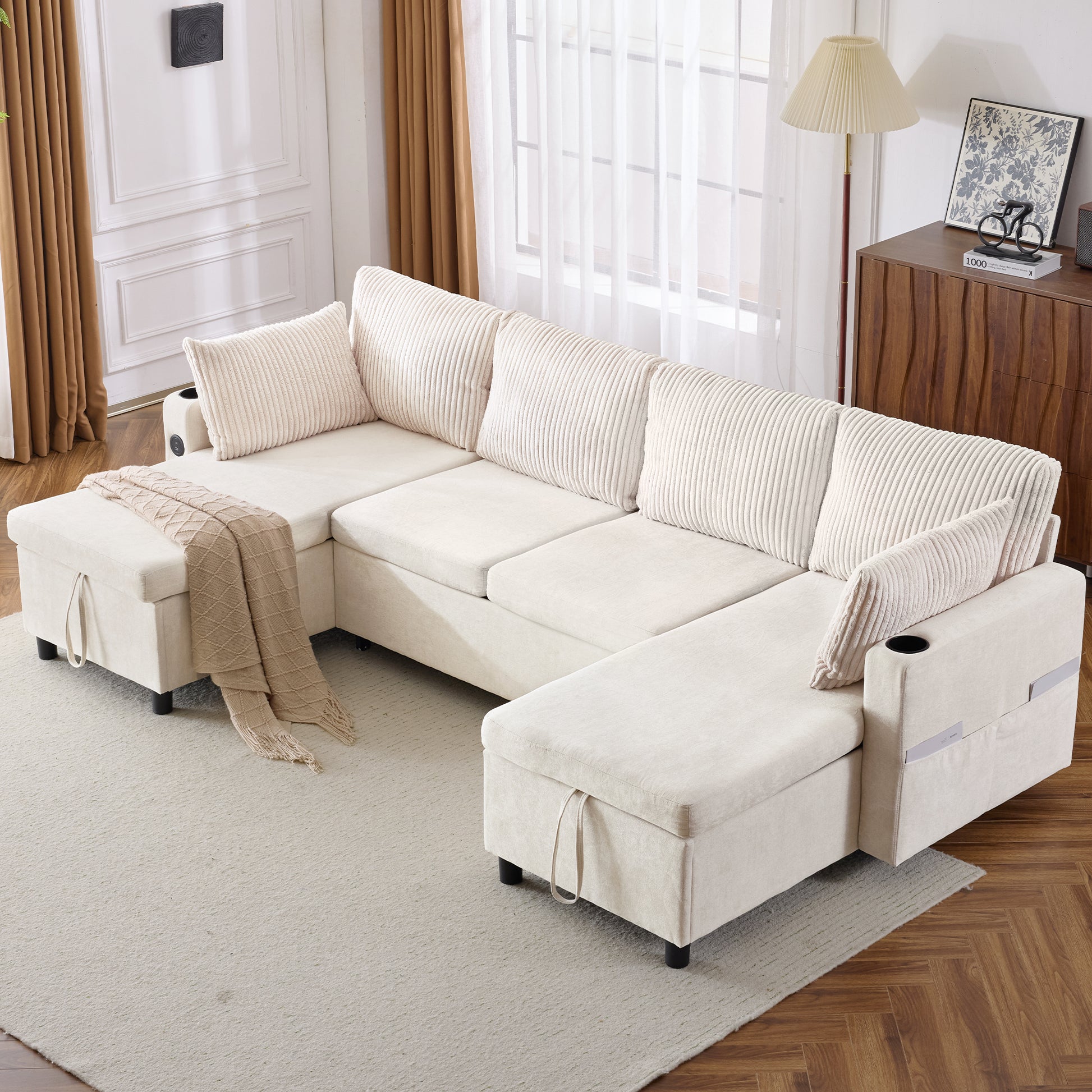 111.8" Sectional Sofa Pull Out Sofa Bed Versatile Sofa Sleeper With Large Storage Space, Two Usb Ports And Two Cup Holders For Living Room, Beige Beige Foam Chenille 4 Seat