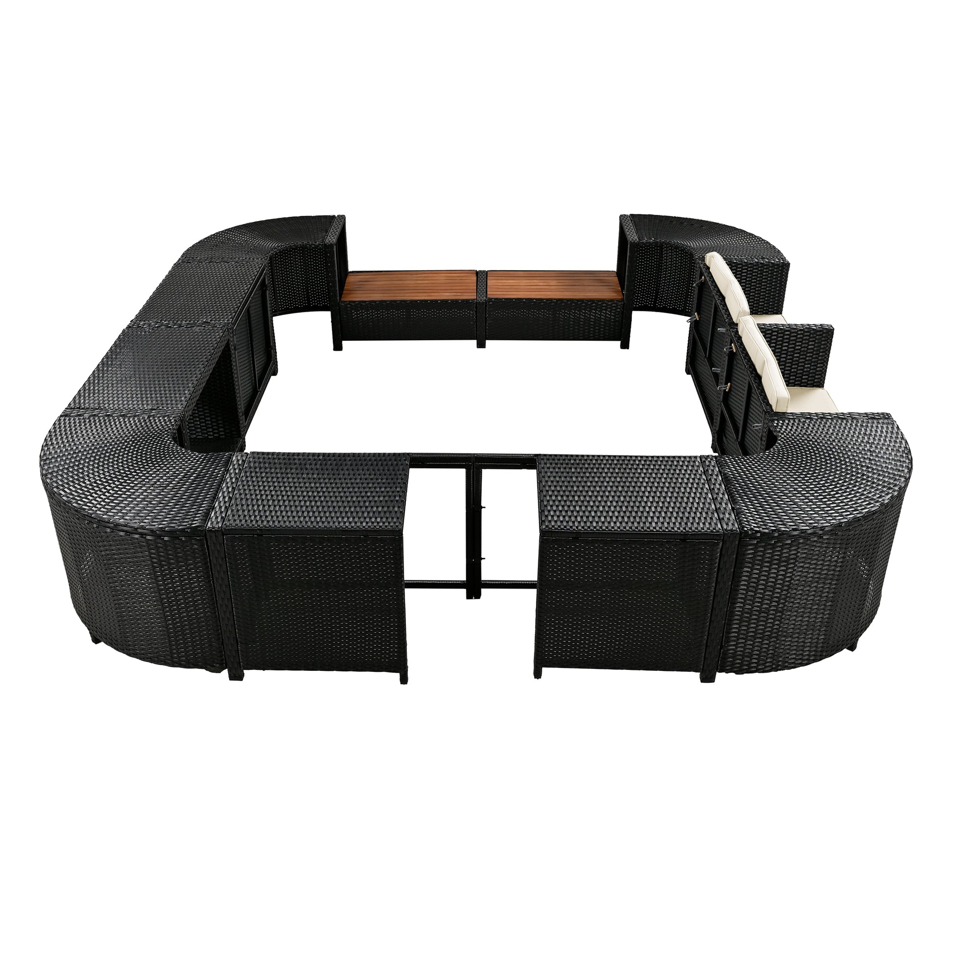 Spa Surround Spa Frame Quadrilateral Outdoor Rattan Sectional Sofa Set With Mini Sofa,Wooden Seats And Storage Spaces, Beige Yes Beige Water Resistant Frame Water Resistant Cushion Garden & Outdoor Sectional Seating Groups Foam Rattan Waterproof Fabric