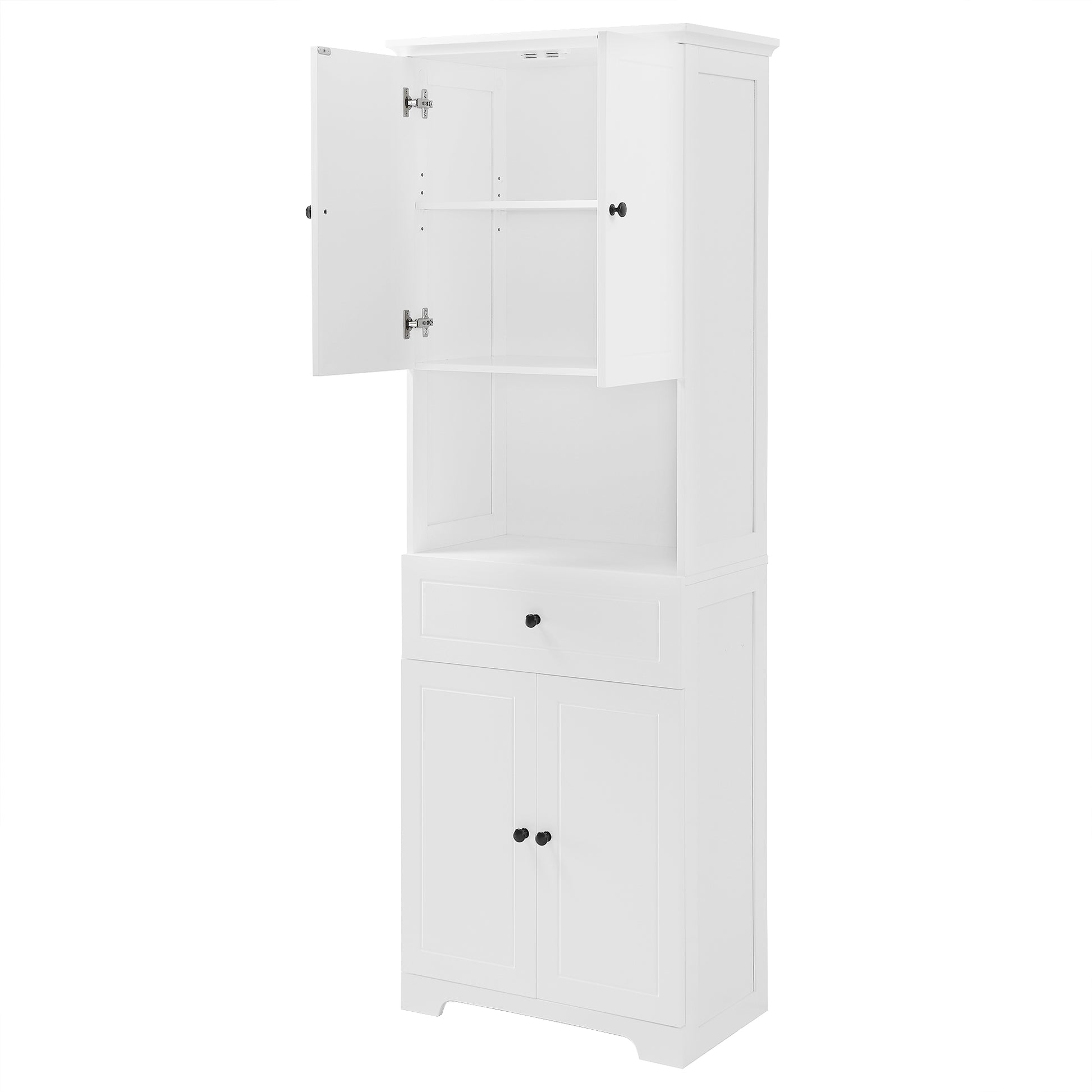 Tall Bathroom Cabinet With Four Doors, Large Storage Space Open Shelve, Upper Storage Cabinet, White White Mdf