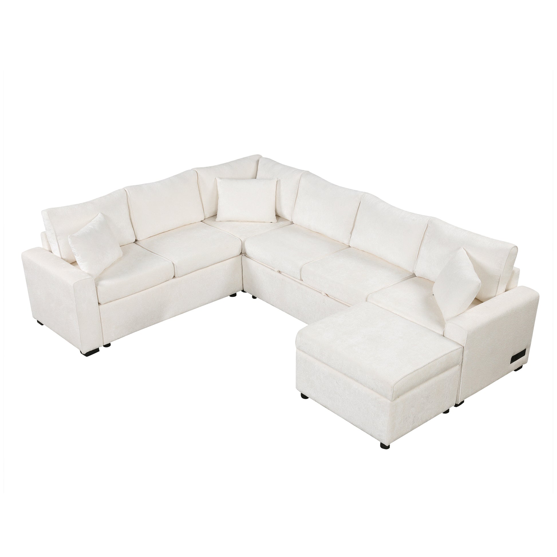 112.2" Sectional Sofa Pull Out Sofa Bed Sleeper With A Storage Ottoman,Three Pillows And Charging Devices For Living Room, Cream Cream Foam Chenille 6 Seat