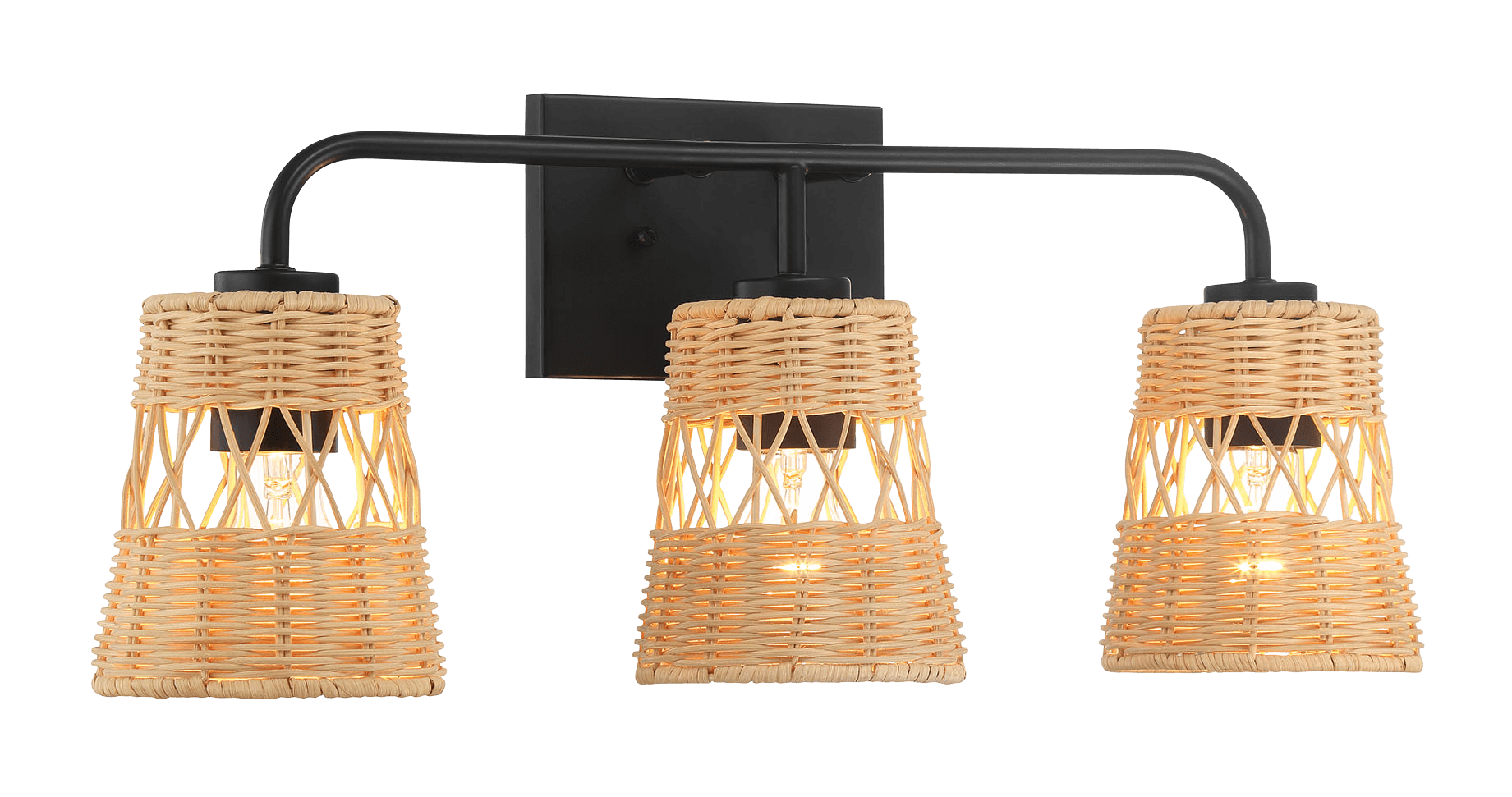 Moonlit Three Lights Wall Sconce With Rattan Shade, Bathroom Lighting Fixtures Over Mirror Black,Rattan Metal,Rattan