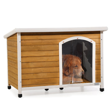 Large Wooden Outdoor Dog House, Waterproof Roof, Elevated Floor, Adjustable Plastic Feet, Yellow Yellow Solid Wood