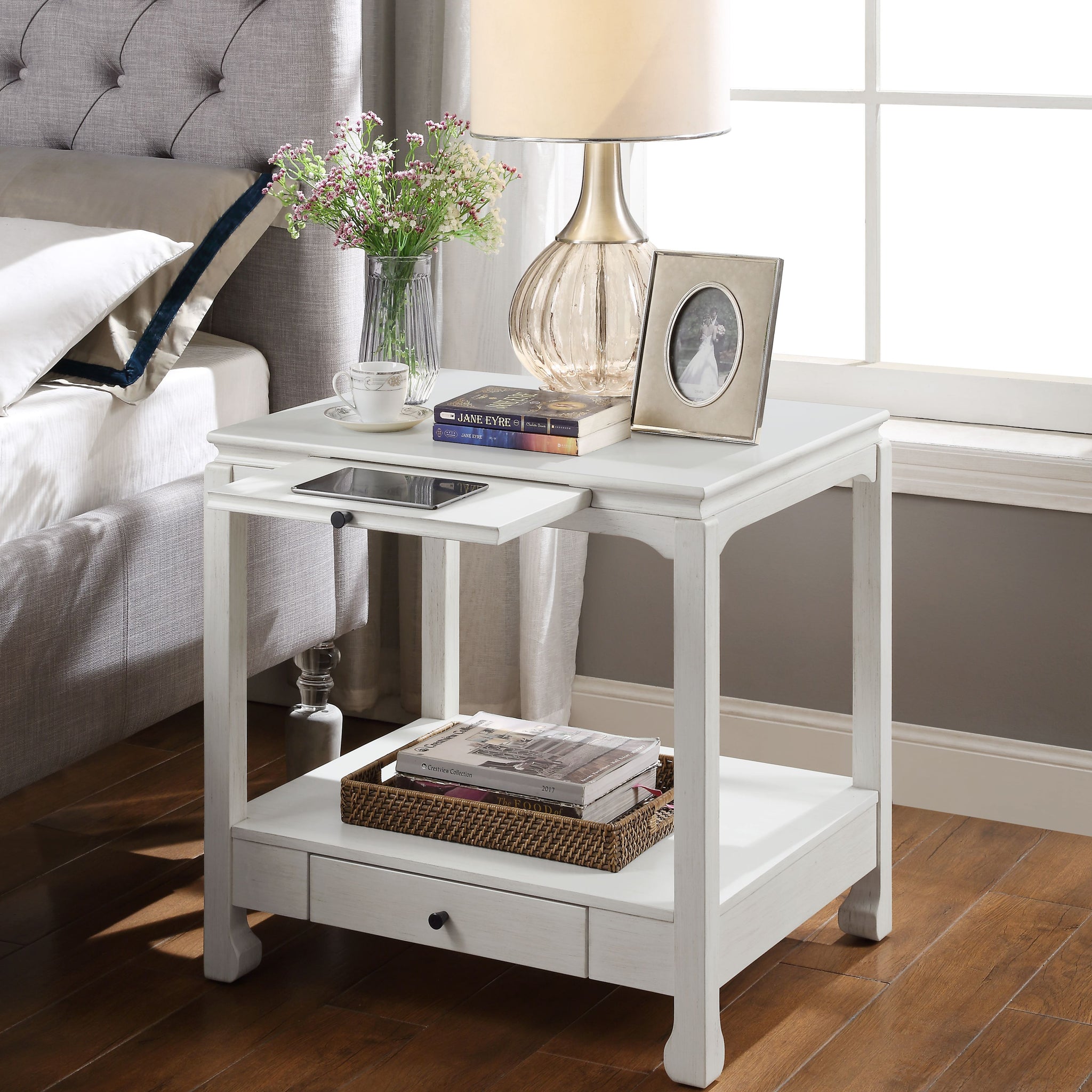 Antique White 2 Drawer Accent Table With Shelf White Primary Living Space Traditional Drawers Rectangular Solid Wood Mdf