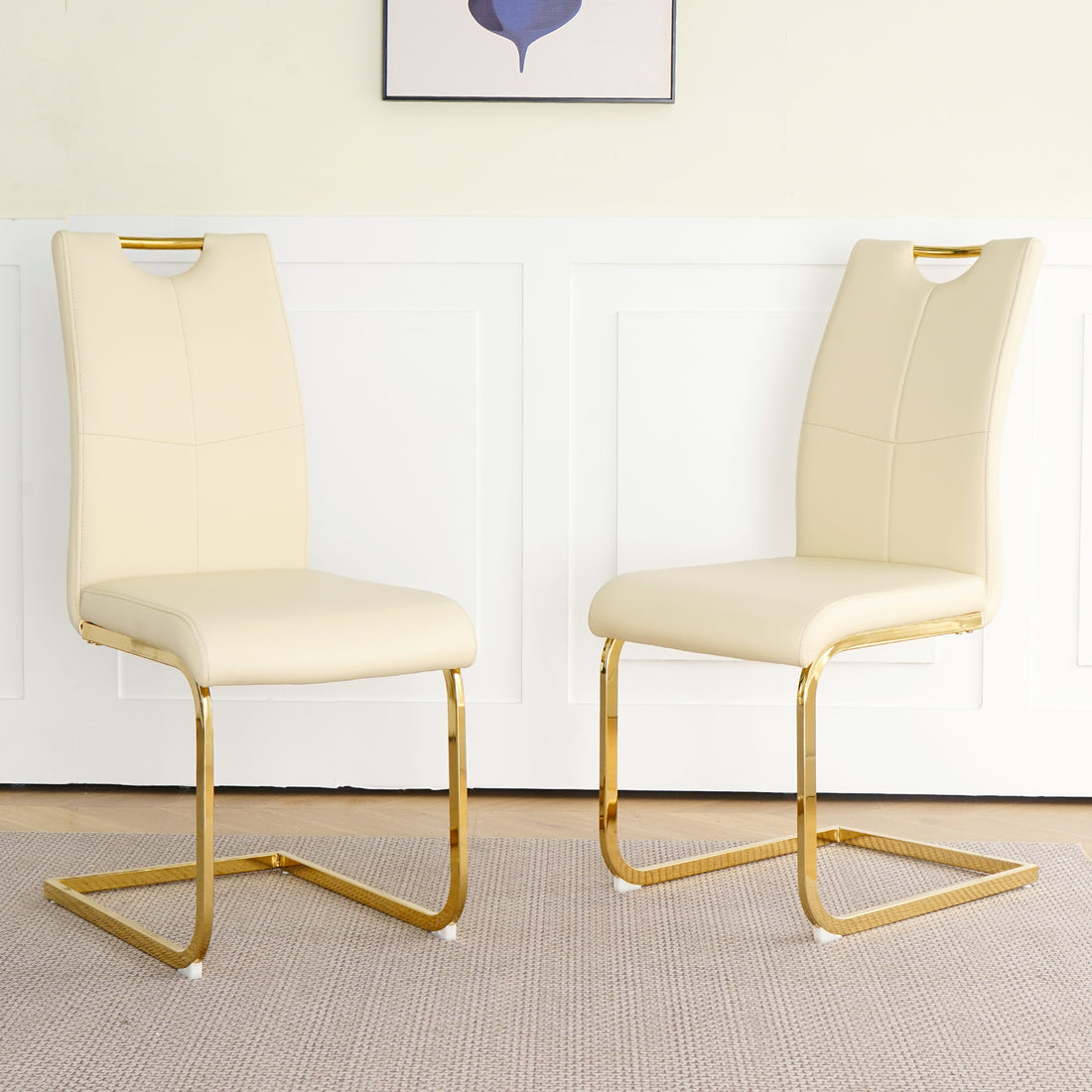 Modern Pu Dining Chair Living Room Chair Upholstered Chair, Gold Metal Chair Leg Design, Kitchen, Living Room, Bedroom, Dining Room Side Chair Set Of 2 Light Yellow Metal