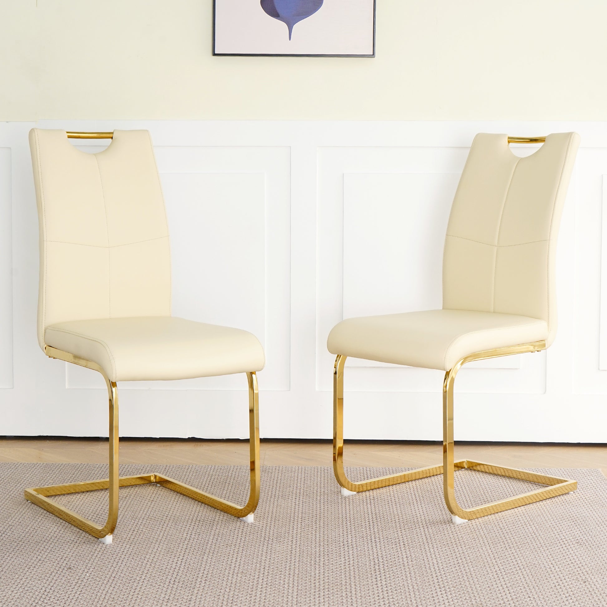 Modern Style Glass Dining Table With Elegant Transparent Design, Solid Support Base, Pale Yellow Dining Chair Set With Gold Plated Legs, Suitable For Restaurant Kitchens Set Of 7 Yellow Glass