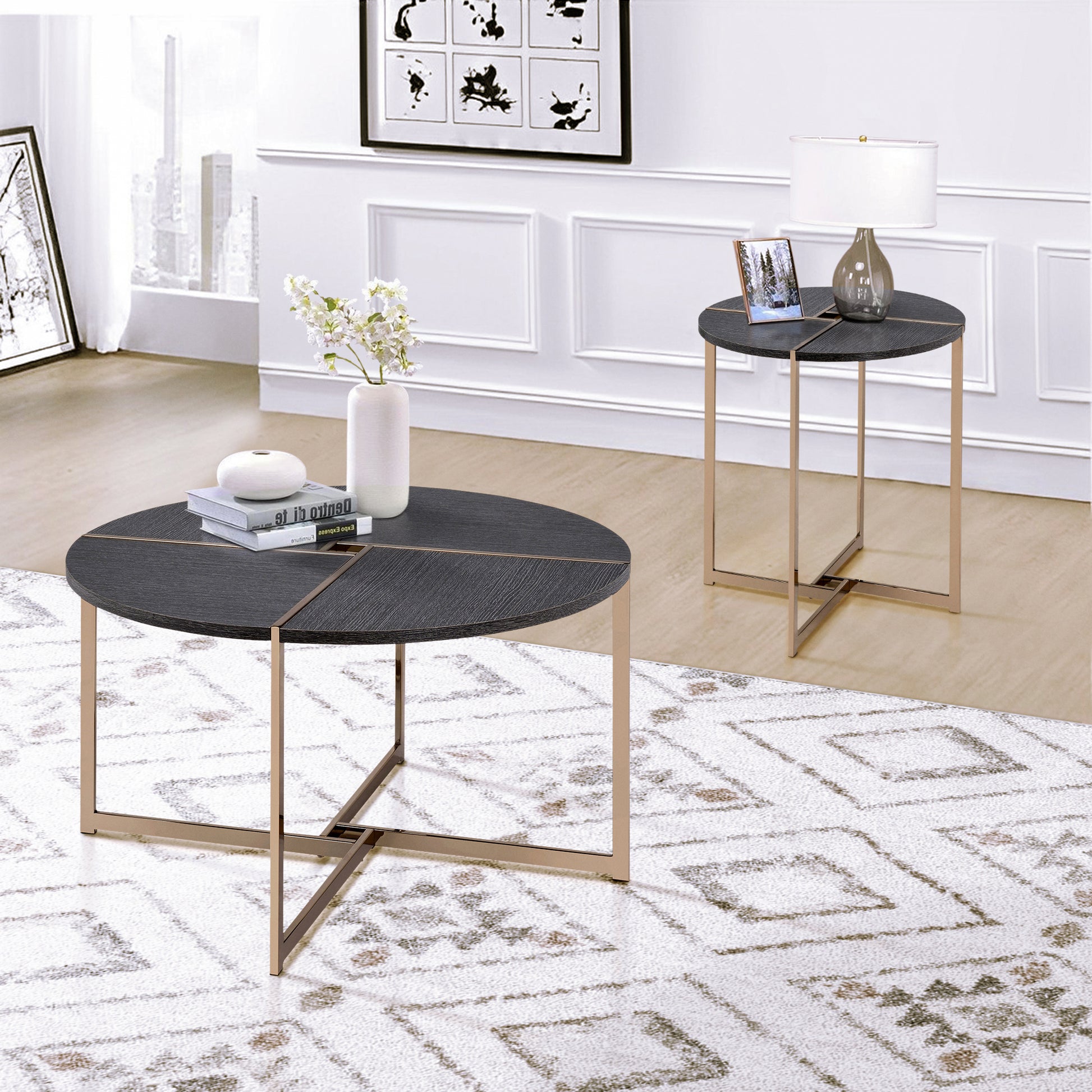 Black And Champagne Round End Table Black Primary Living Space Rectangular Wood Metal Sled