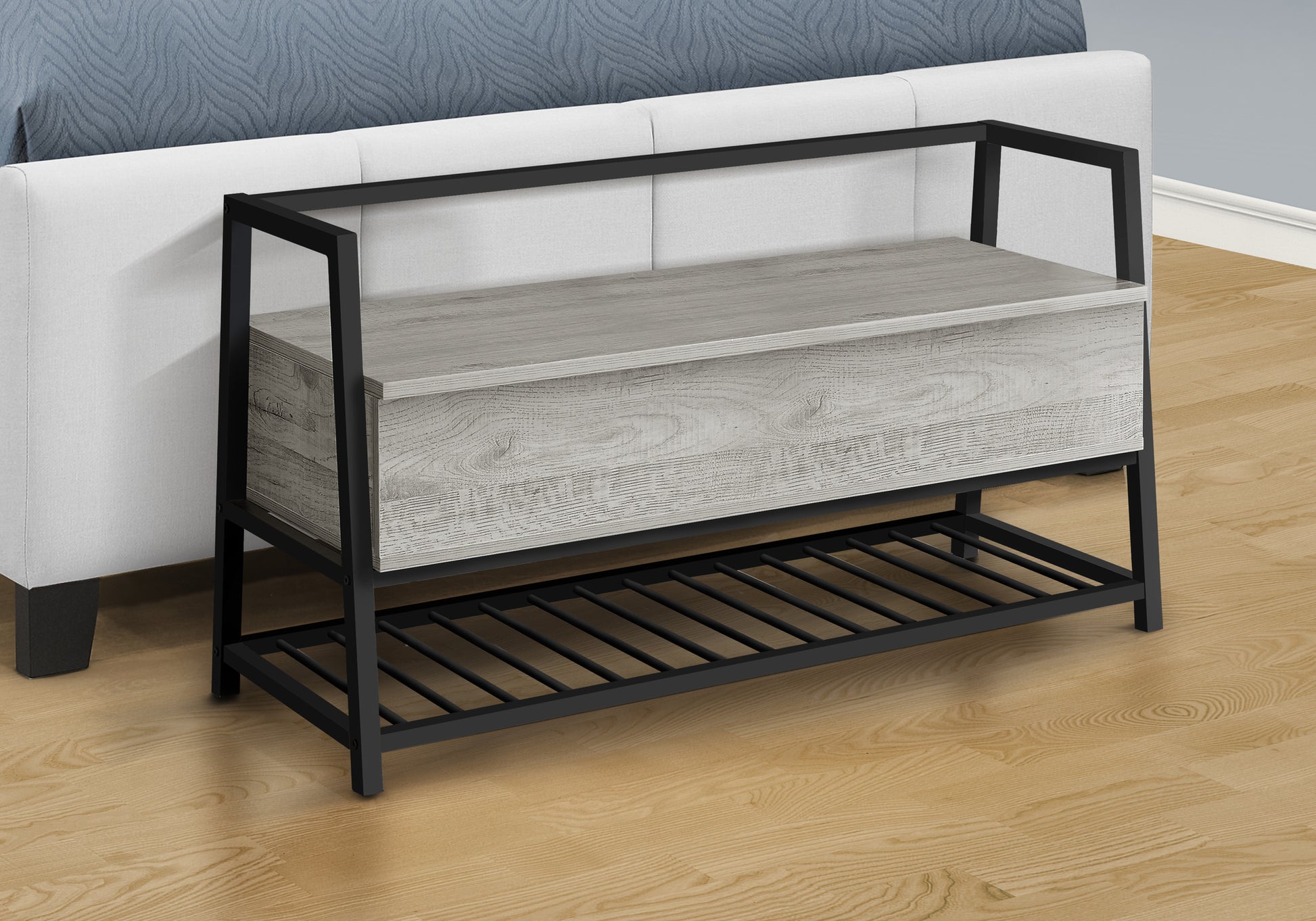 Bench, Entryway, Hallway, Storage, 42" Rectangular, Grey Laminate, Black Metal, Contemporary, Modern Grey Mdf