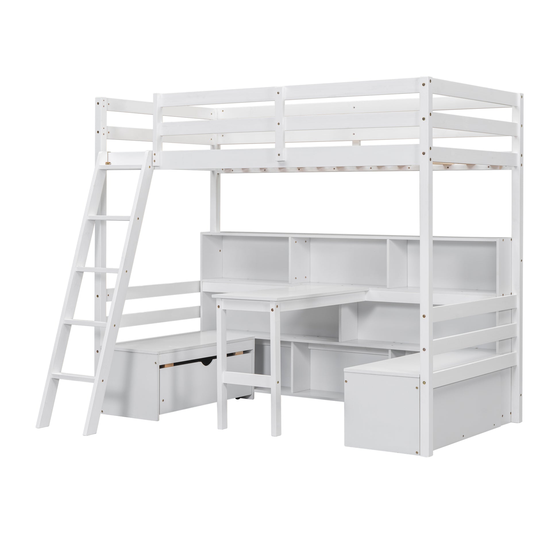 Twin Loft Bed With Storage Shelves, Drawers, Seat And Desk For White Color Box Spring Not Required Twin White Wood Bedroom Modern Storage Included Pine