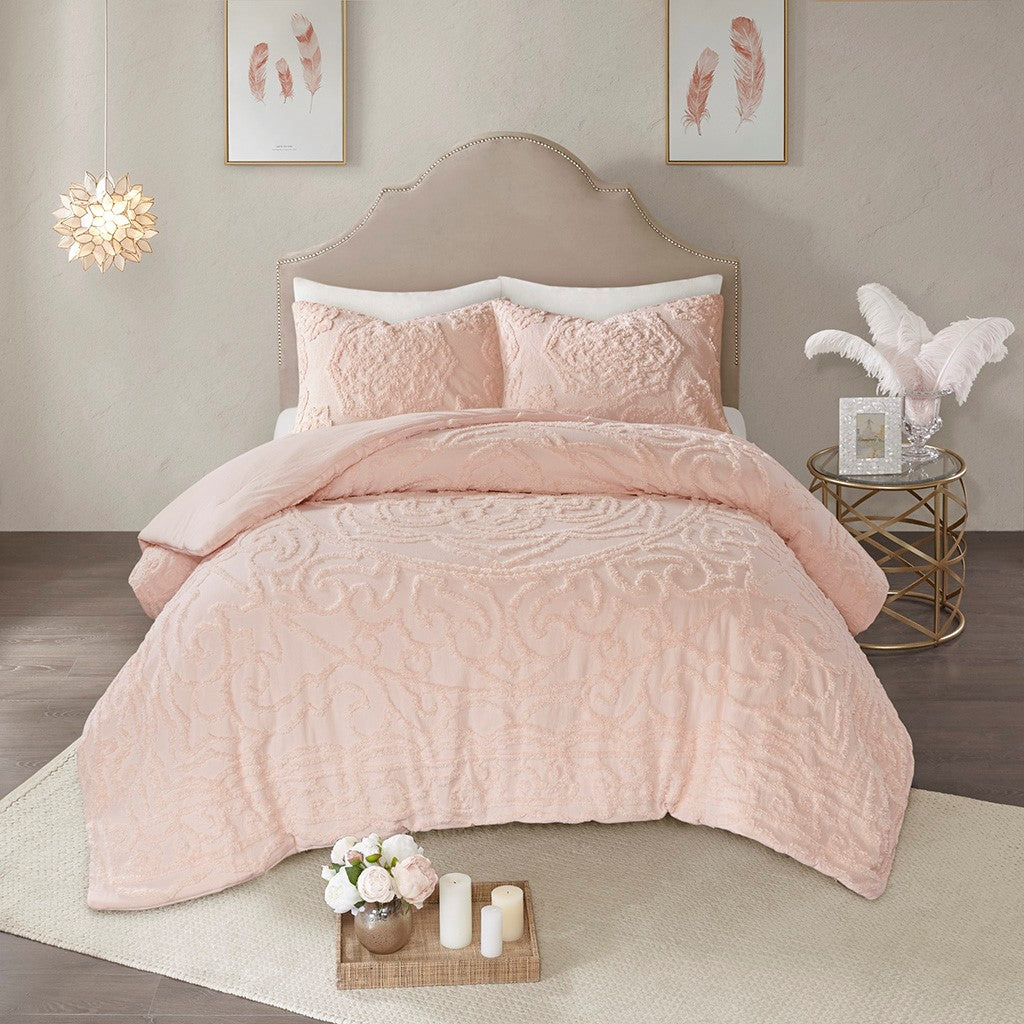 3 Piece Tufted Cotton Chenille Medallion Comforter Set Blush Full Queen Full Blush Cotton