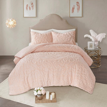 3 Piece Tufted Cotton Chenille Medallion Comforter Set Blush Full Queen Full Blush Cotton