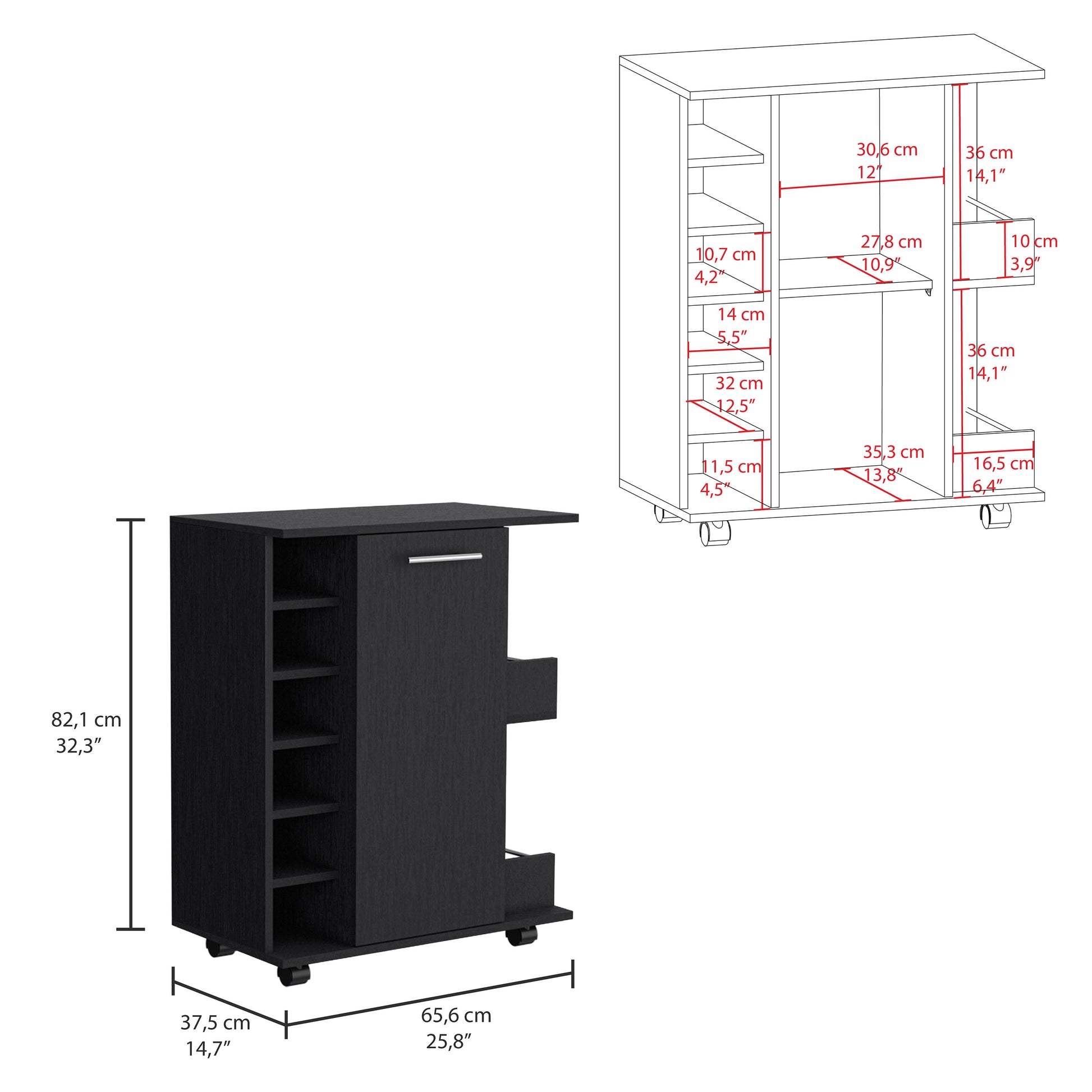 Lothian Bar Cart With Casters, 2 Side Storage Shelves And 6 Wine Bottle Rack Black Primary Living Space Modern Particle Board Shelves Included Engineered Wood