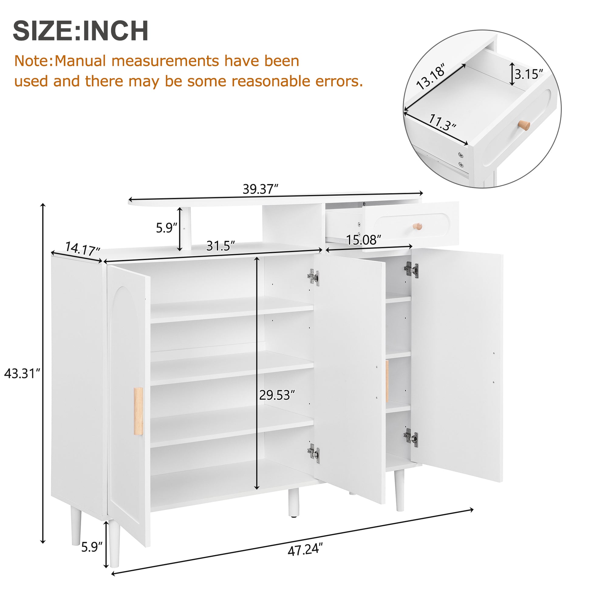 Elegant Shoe Cabinet With Arched Doors And Drawer, Cream Style Storage Sideboard With Adjustable Shelves And Solid Wood Legs For Entryway, Living Room, White Freestanding 1 2 Drawers White Primary Living Space Adjustable Shelves Particle Board Mdf