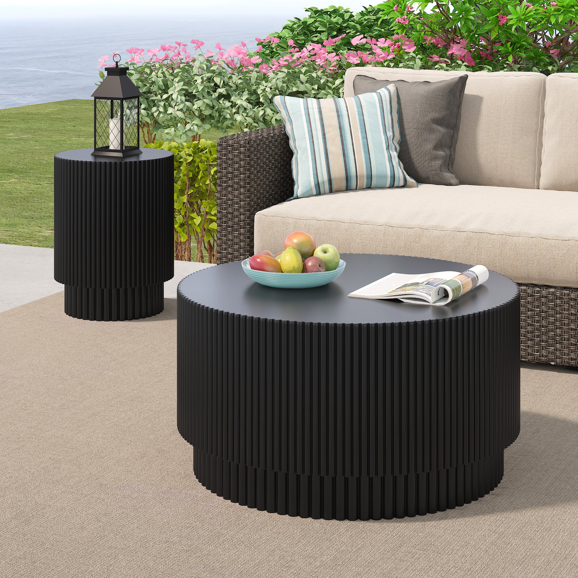 15.72 Inch H Barrel Coffee Table, Nordic Style, Simple Design, Suitable For Indoor And Outdoor Use, Magnesium Oxide Material, Suitable For Living Room, Bedroom Or Garden Sofa Black Magnesium Oxide