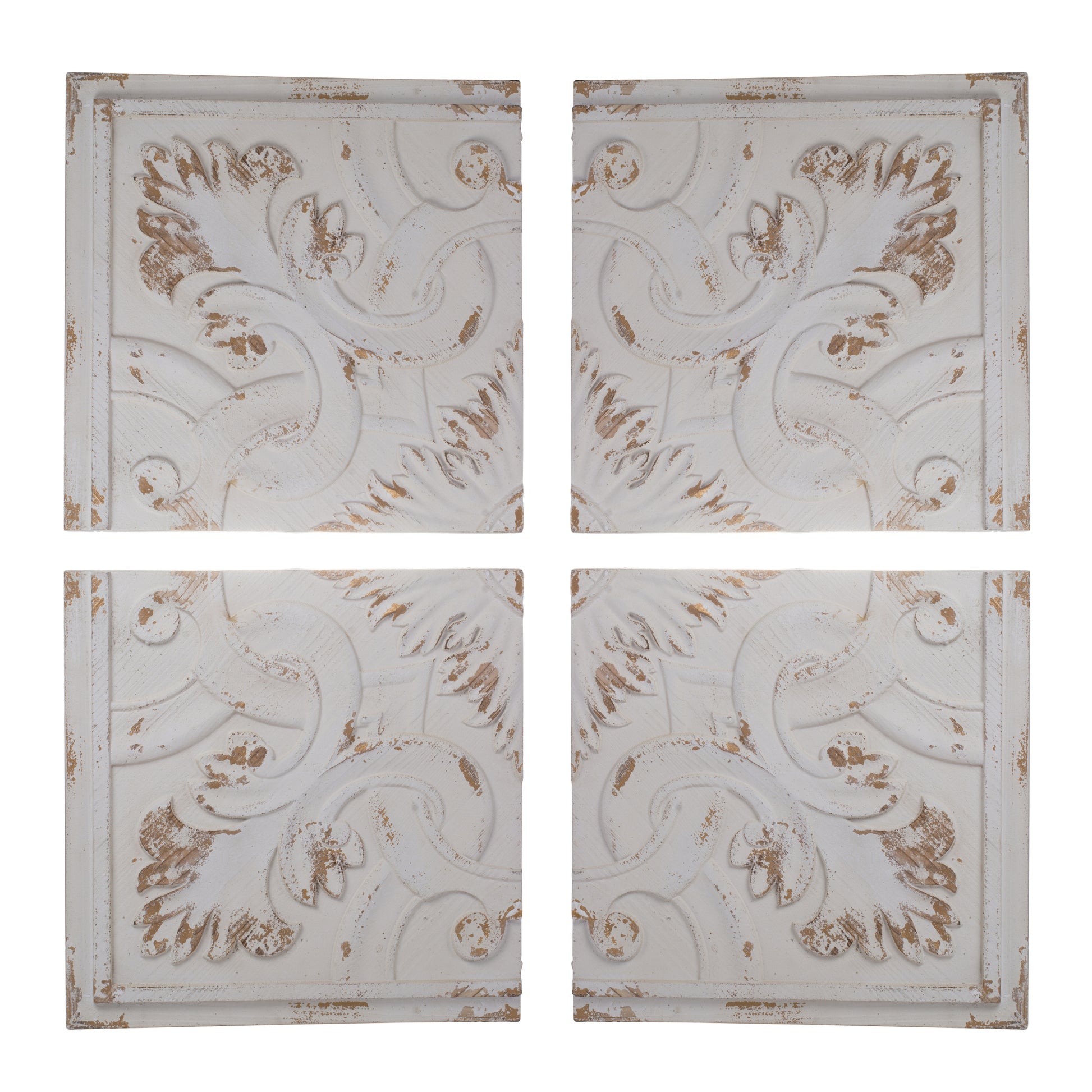 S 4 Distressed Wooden Square Wall Panels, 17.5X17.5" White Wood