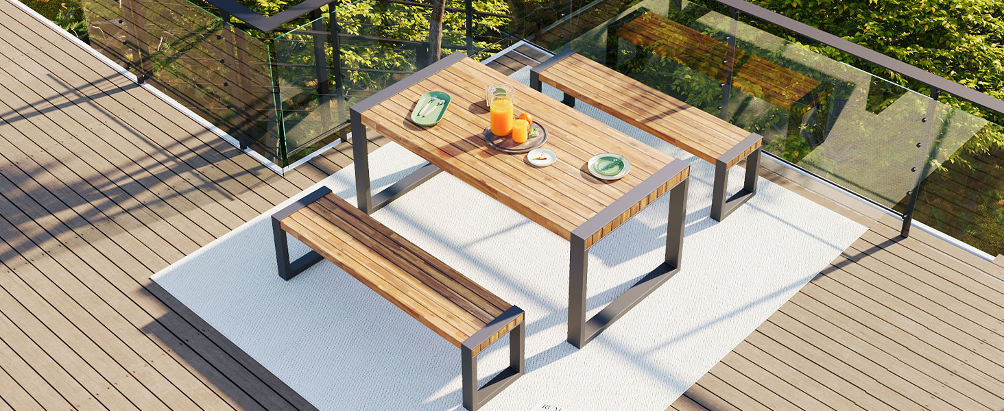 3 Pieces Outdoor Dining Table With 2 Benches, Patio Dining Set With Unique Top Texture, Acacia Wood Top & Steel Frame, All Weather Use, For Outdoor & Indoor, Natural No Acacia Wood Garden & Outdoor Acacia Wood