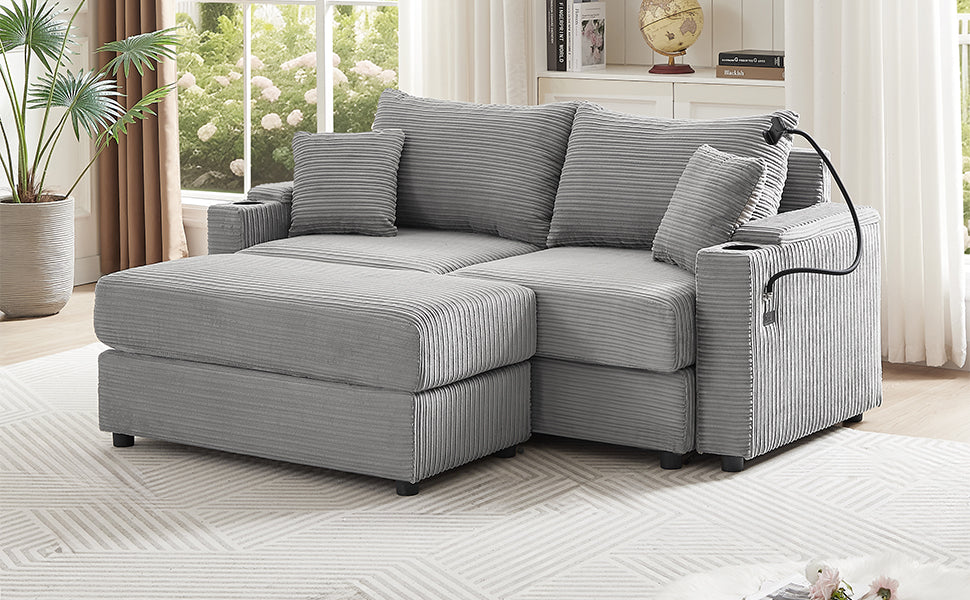 72.8" Modern Style Loveseat Sofa Sectional Sofa Couch With Storage Space, A Movable Ottoman, Two Usb Ports, Two Cup Holders, A Phone Holder For Living Room, Gray Gray Foam Corduroy 3 Seat