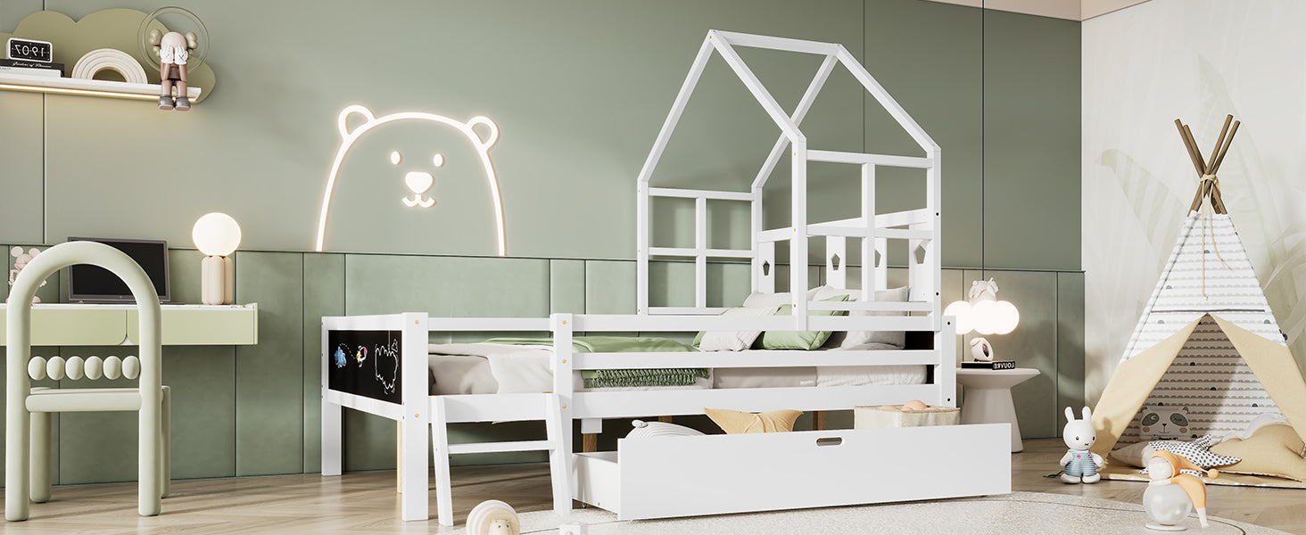 Full Size House Bed With Ladder And Storage Drawers For Kid Bedroom,Solid Wood Platfrom Bedframe With 2 Blackboard Design, No Box Spring Needed, White Full White Partice Board Mdf Pine Wood