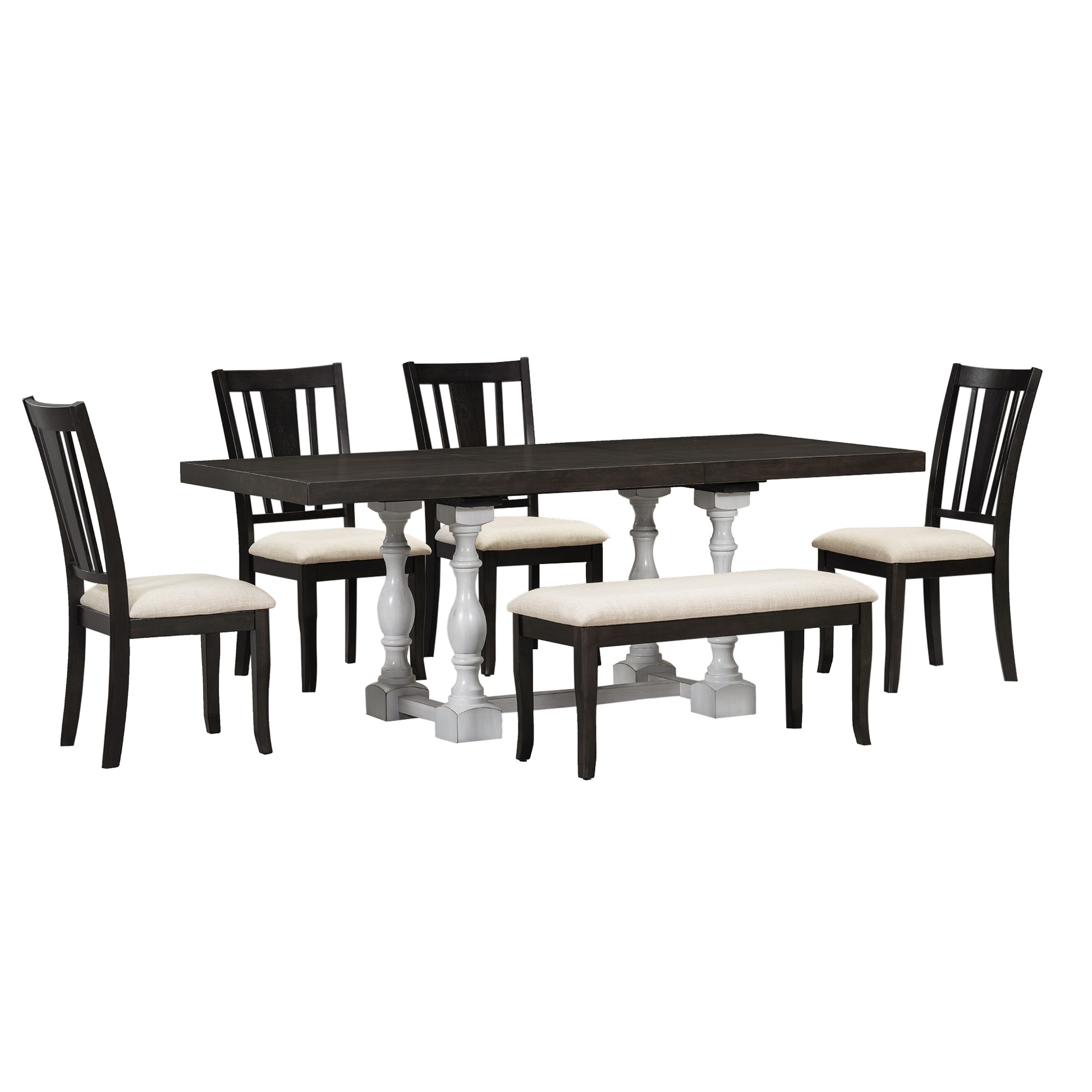 Traditional 6 Piece 78Inch Trestle Extendable Dining Table Set With One 18Inch Removable Leaf, Padded Dining Chairs And Bench,Distressed White Brown Wood Dining Room Solid Wood Rubberwood Rectangular Dining Table With Chair And Bench Upholstered Chair