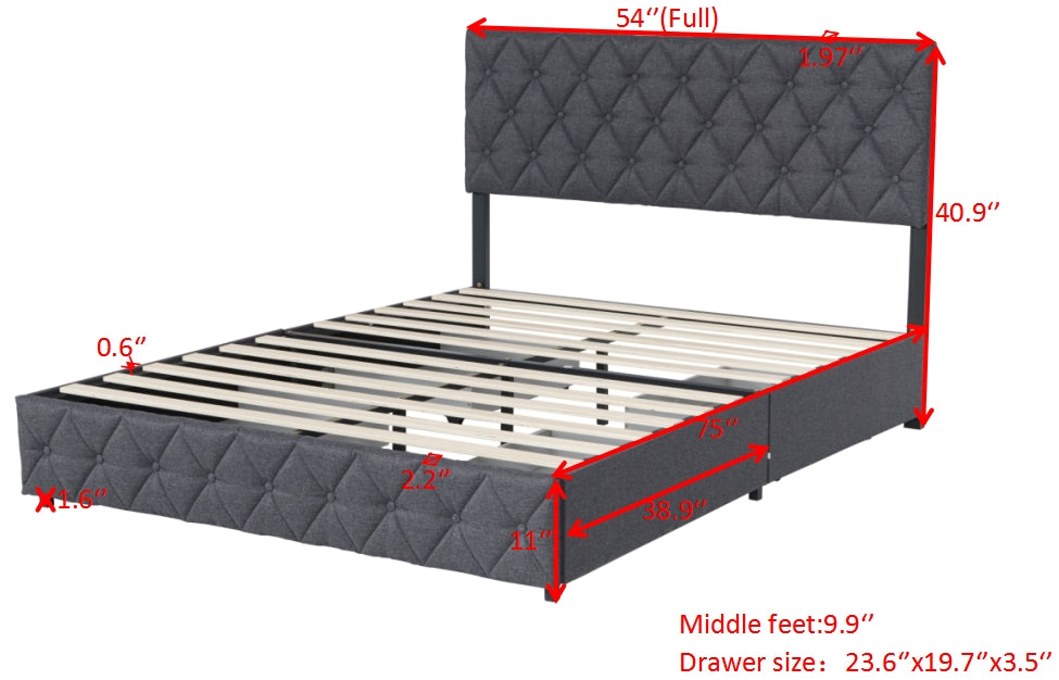 Full Size Upholstered Platform Bed Frame With 4 Storage Drawers, Adjustable Linen Headboard, Wooden Slats Support, No Box Spring Needed, Easy Assembly,Grey Box Spring Not Required Full Grey Wood Bedroom American Design Bed Frame Linen Linen