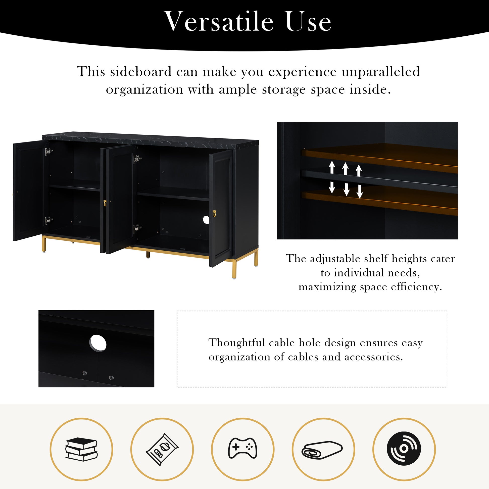 Modern Sideboard With Extra Large Storage Space With Metal Handles And Support Legs For Living Room And Dining Room Black Black Mdf