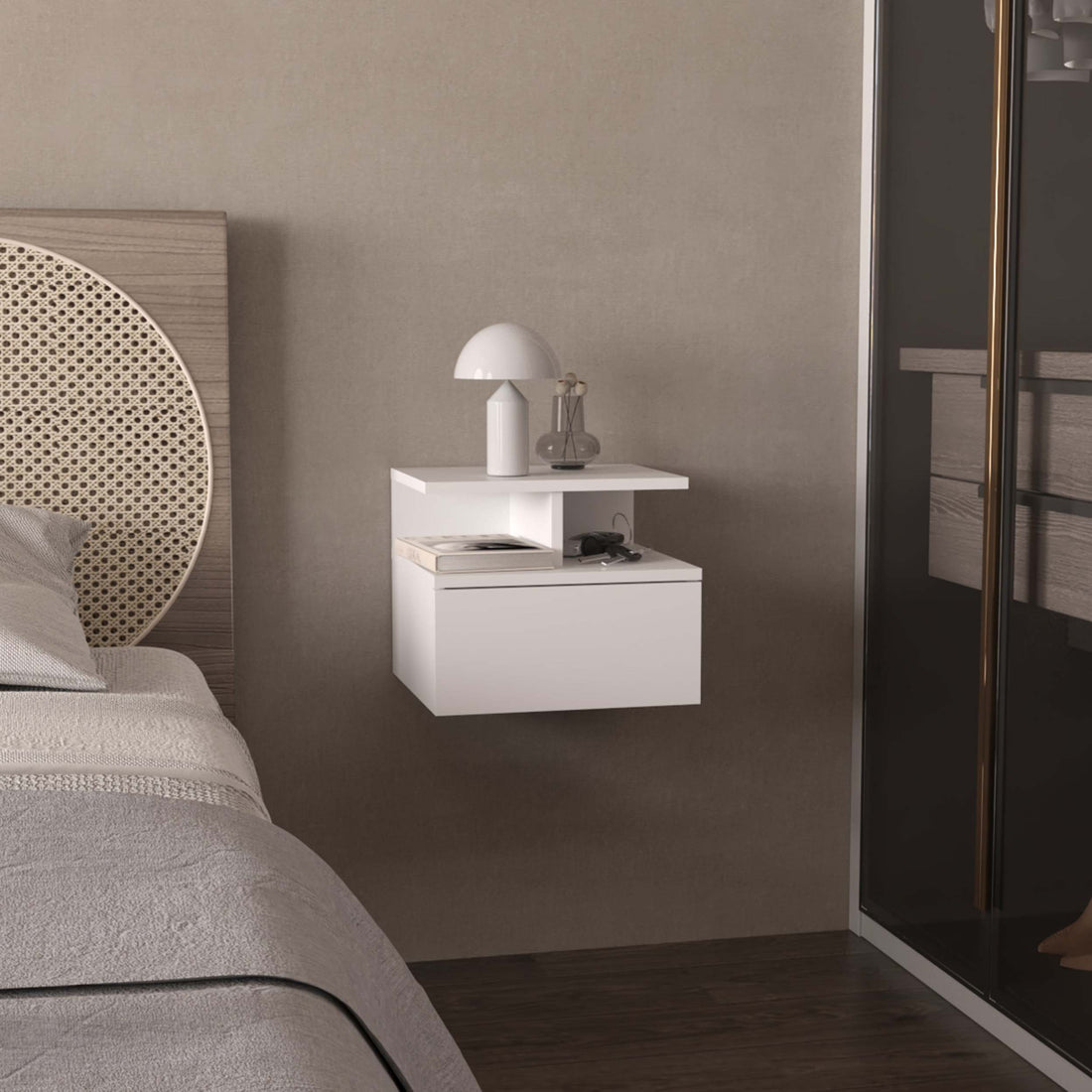 White 1 Drawer Floating Nightstand White White 1 Drawer Bedroom Floating Space Saving White Wood