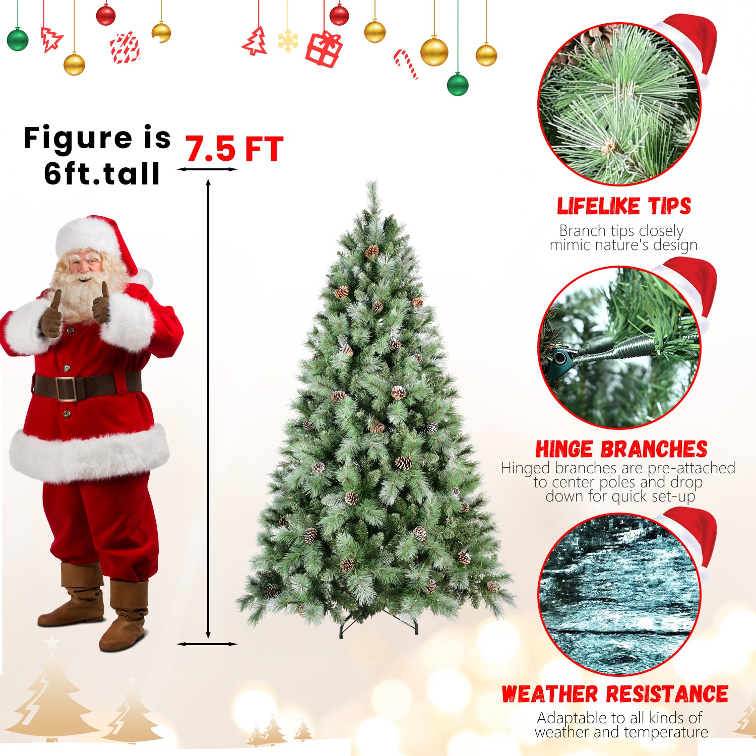 7.5Ft Scotch Pine Christmas Tree, Premium Frosted Pre Decorated Artificial Holiday Decor W 1,588 Branch Tips, Xmas Trees For Holiday Party Decoration Green Polyvinyl Chloride