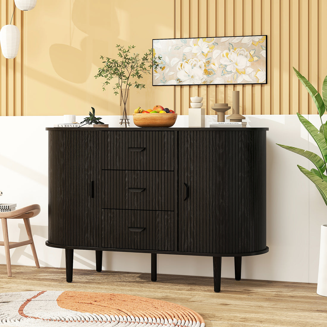 Sideboard Buffet Storage Cabinetaccent Cabinet With Smoothly Sliding Tambour Doorsmodern Kitchen Buffet Cabinet With 3 Drawer And 2 Doors For Living Room Dining Room Black Mdf