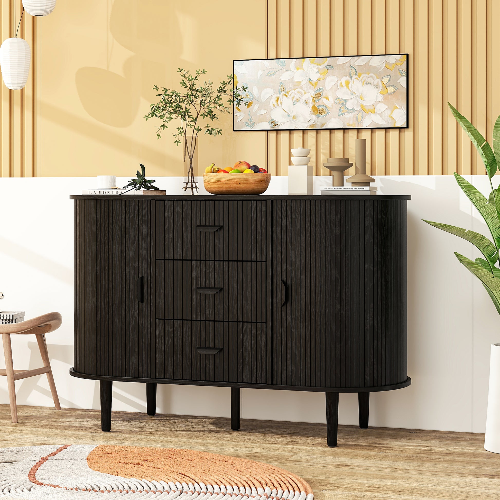 Sideboard Buffet Storage Cabinetaccent Cabinet With Smoothly Sliding Tambour Doorsmodern Kitchen Buffet Cabinet With 3 Drawer And 2 Doors For Living Room Dining Room Black Mdf